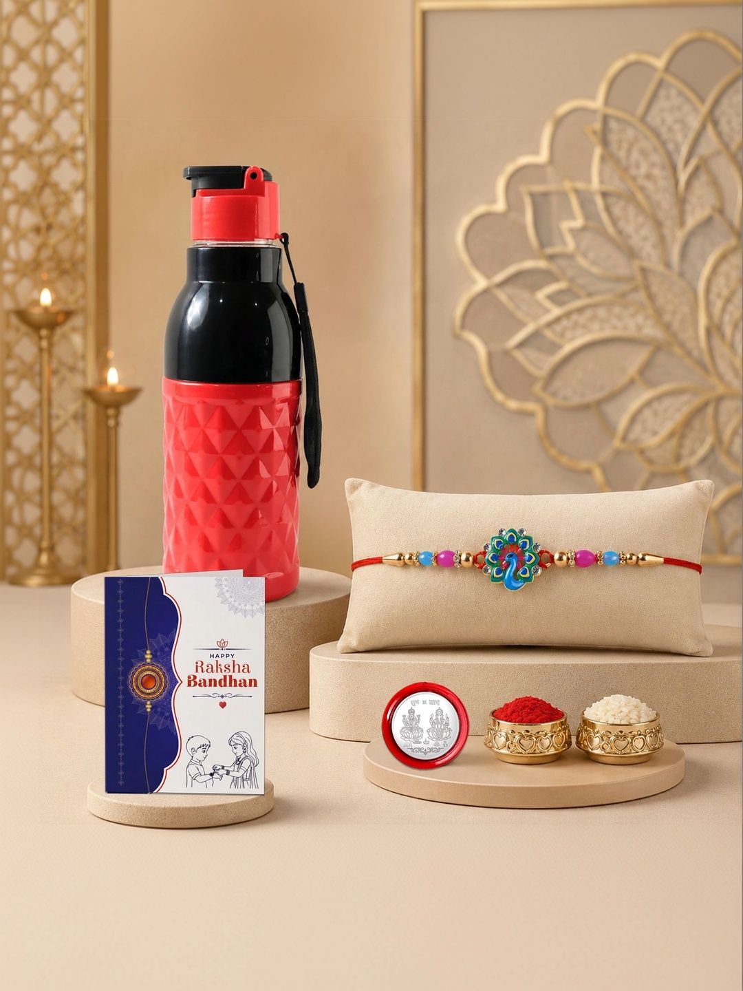 Myntra Elegant Homes Rakhi With Greeting Card Water Bottle Silver Coin & Roli Chawal-picture-21