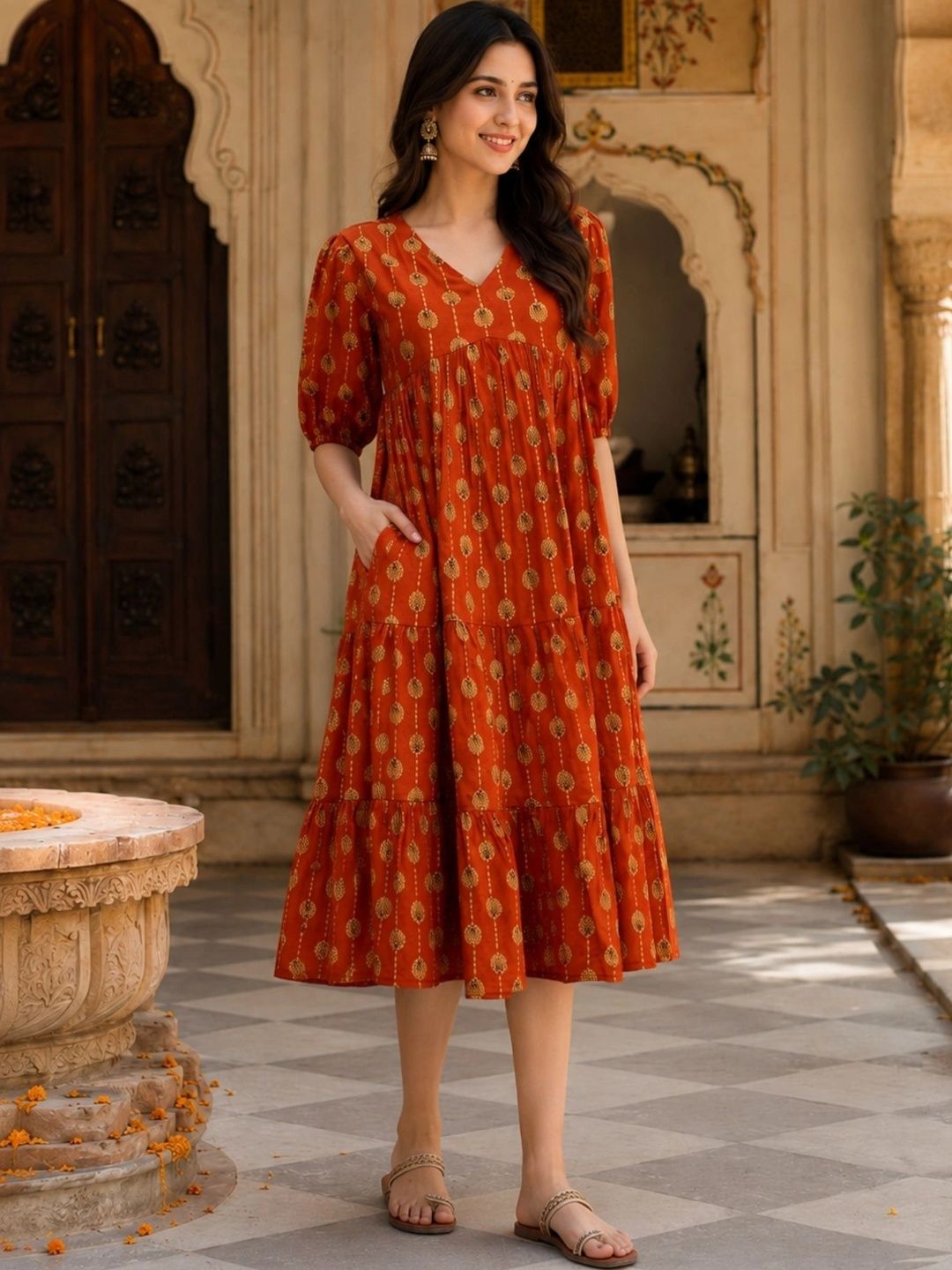 CORSICA Ethnic Motifs Print Puff Sleeve A-Line Dress-picture-27