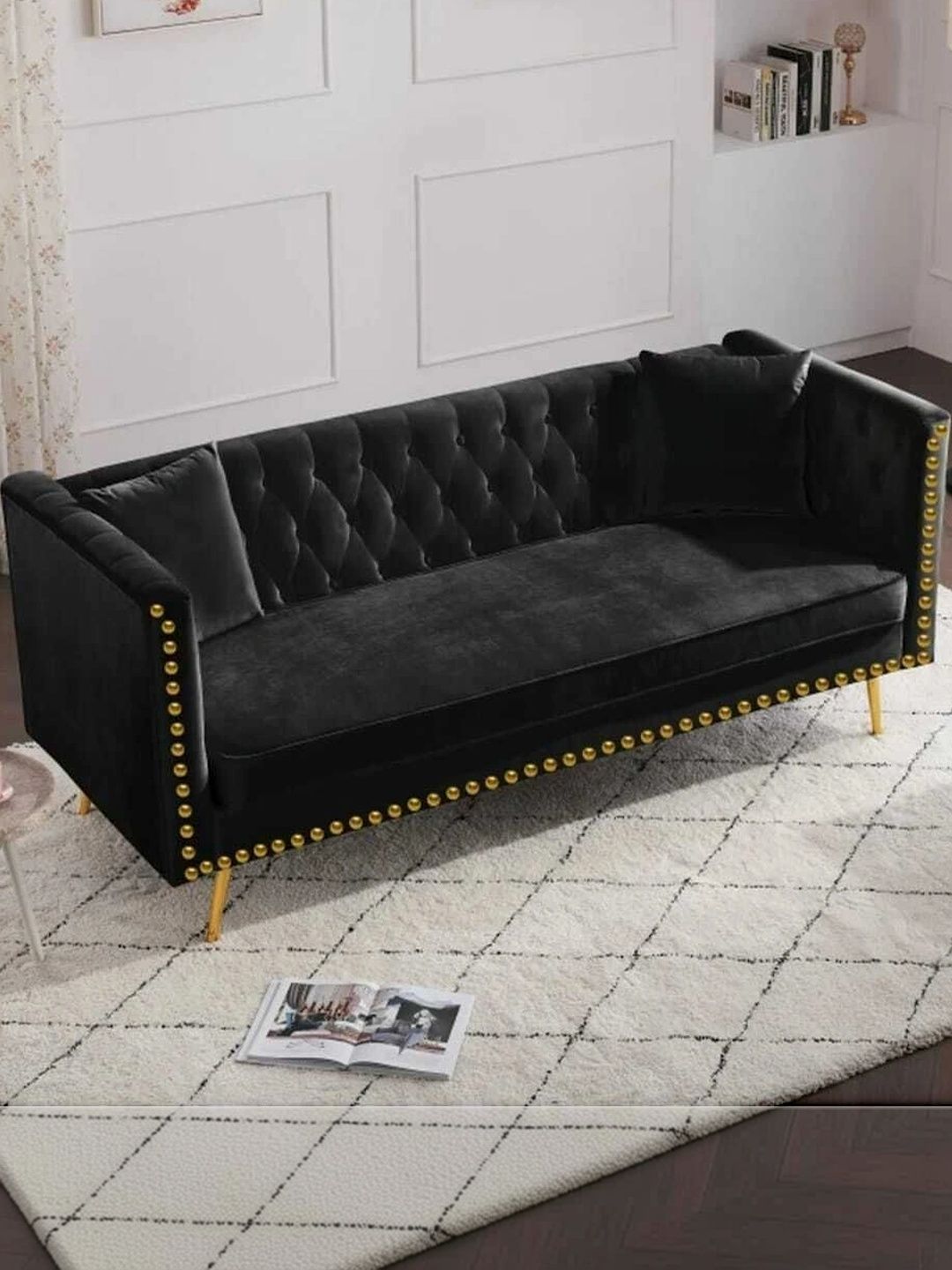 INDIAWOODMART Black Fabric Wooden 3-Seater Sofa-picture-7