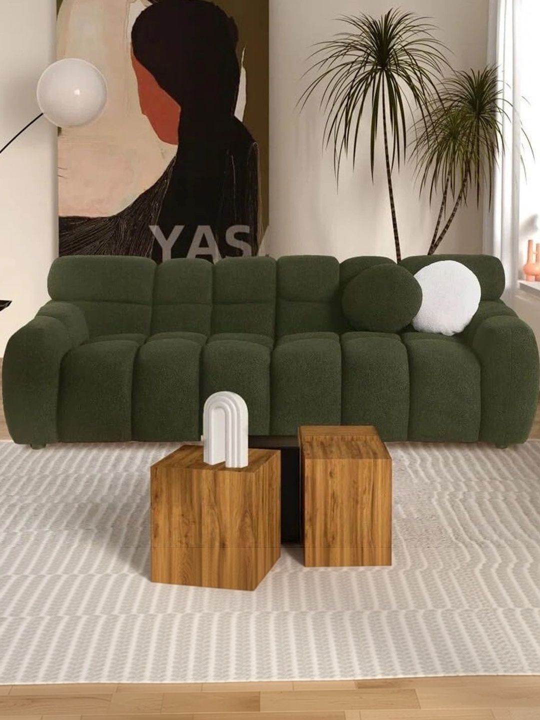 INDIAWOODMART Green Fabric Wooden 3-Seater Sofa-picture-4