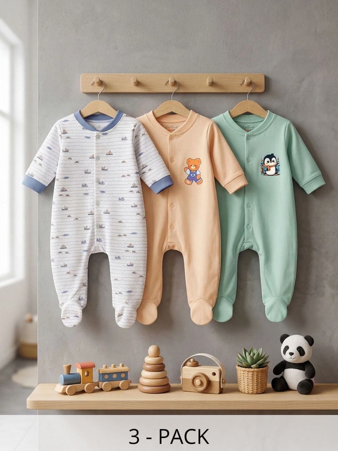 HELLCAT Infants Boys Pack Of 3 Printed Cotton Sleepsuit-picture-13