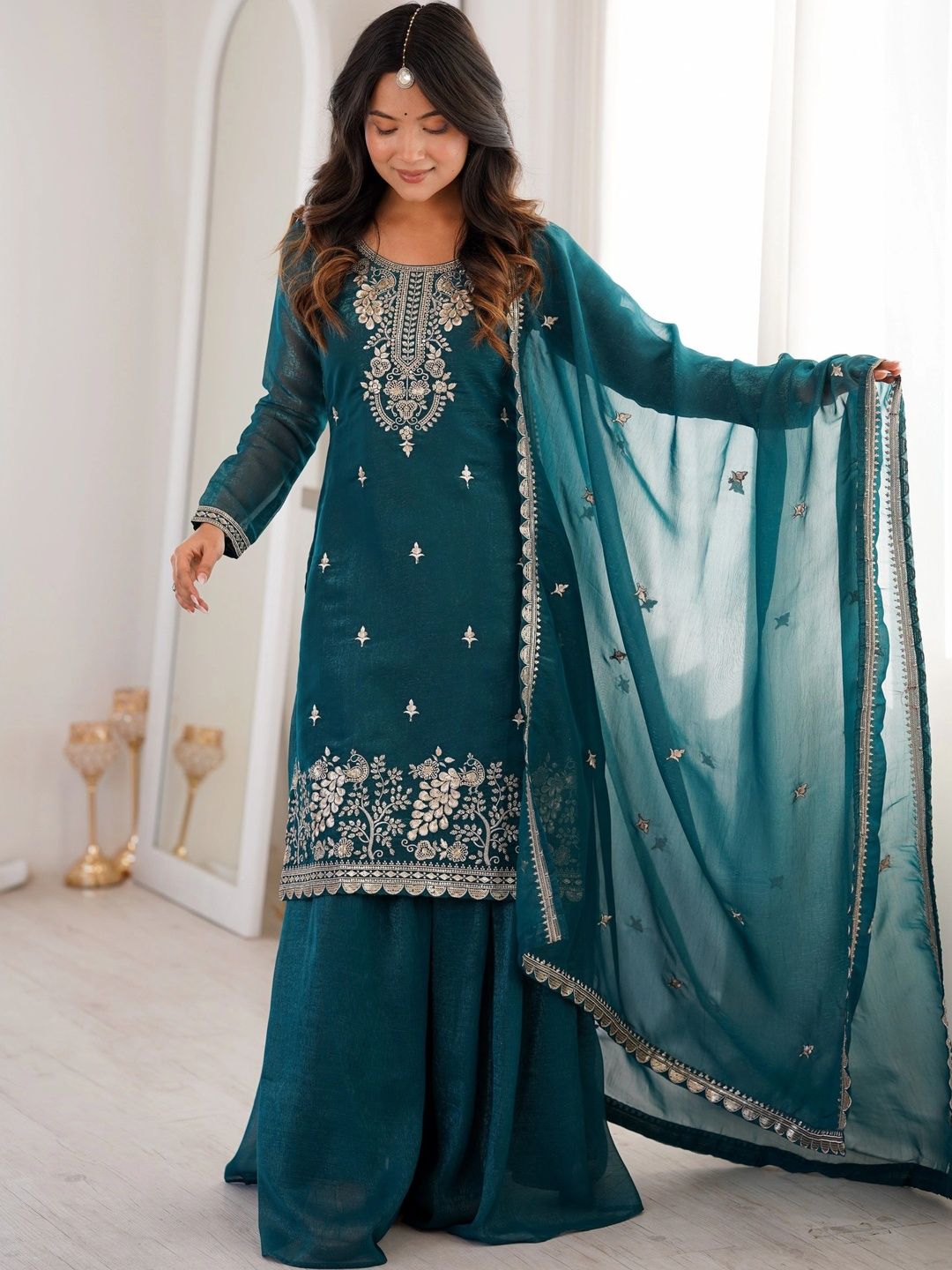 Chandbaali Women Ethnic Motifs Embroidered Regular Kurta with Sharara & With Dupatta-picture-13