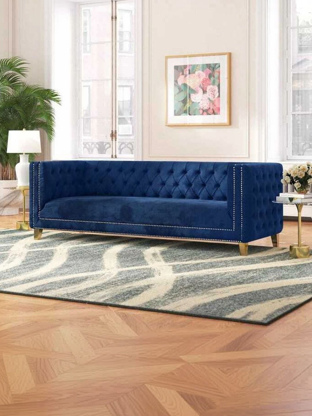 INDIAWOODMART Blue Fabric Wooden 3-Seater Sofa-picture-21