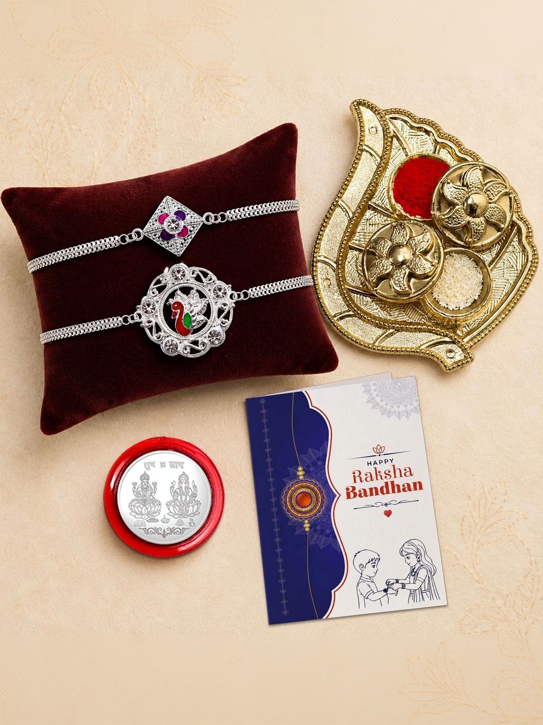 Myntra Elegant Homes Set of 7 Rakhi Gift Set With Silver Coin, Greeting Card & Roli Chawal-picture-46