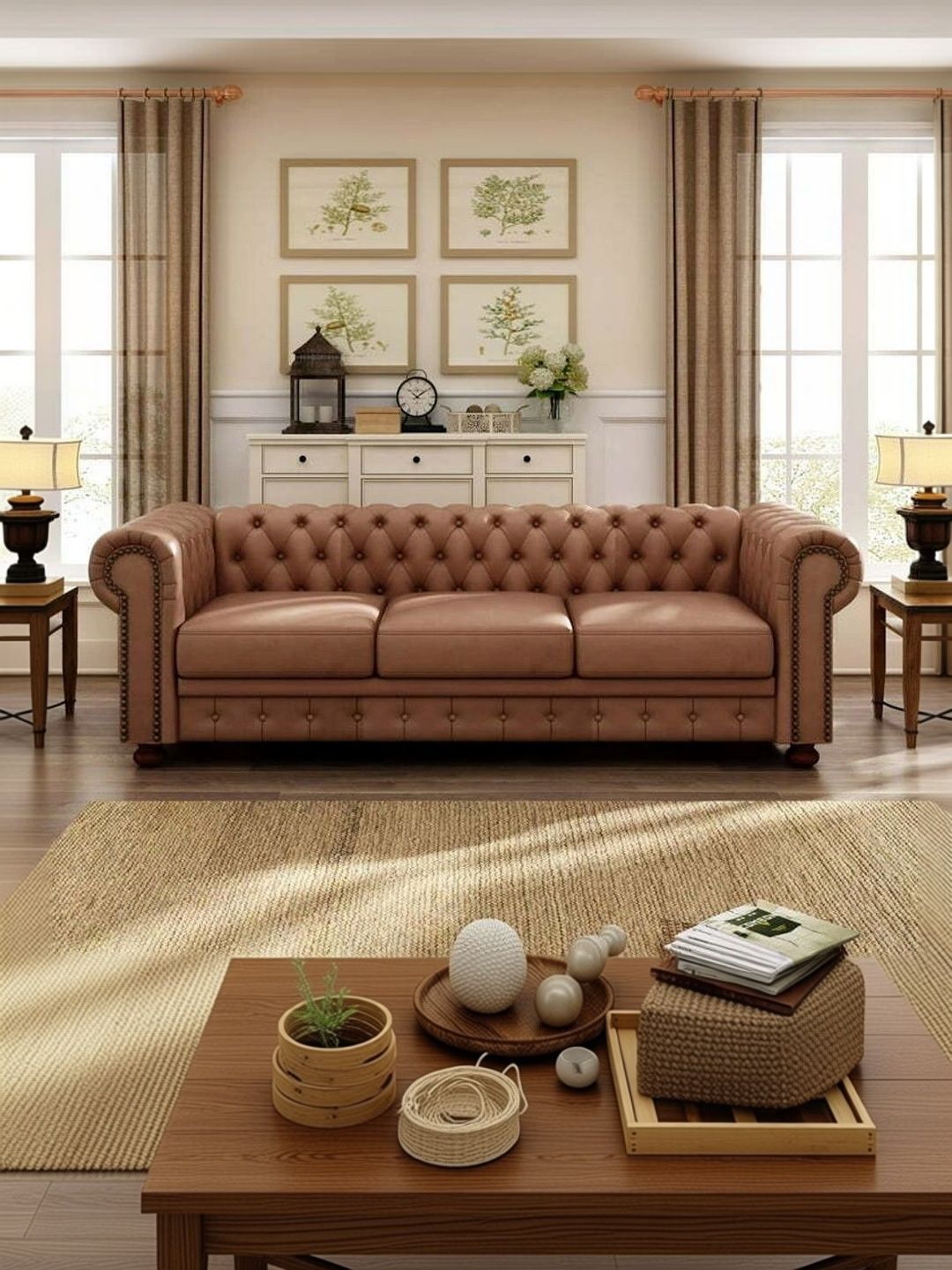 INDIAWOODMART Brown Fabric Wooden 3-Seater Sofa-picture-45