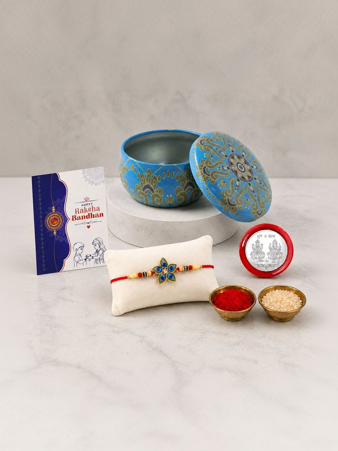Myntra Elegant Homes Set of 6 Rakhi Gift Set With Silver Coin, Greeting Card & Roli Chawal-picture-11