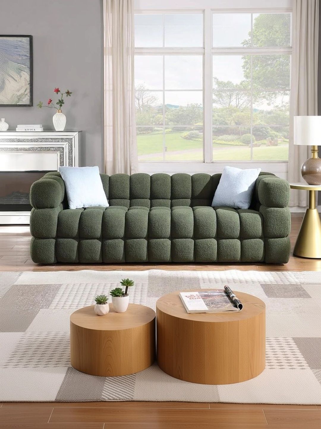 INDIAWOODMART Green Fabric Wooden 3-Seater Sofa-image-23