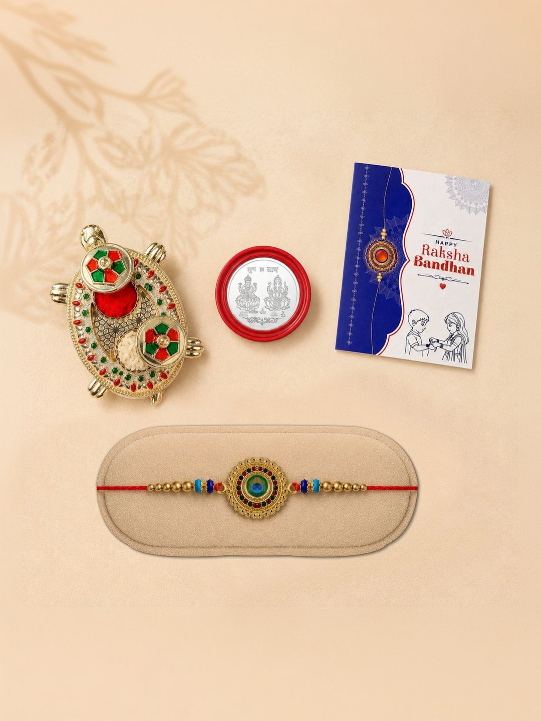 Myntra Elegant Homes Rakhi With Greeting Card Dish Silver Coin & Roli Chawal-picture-43