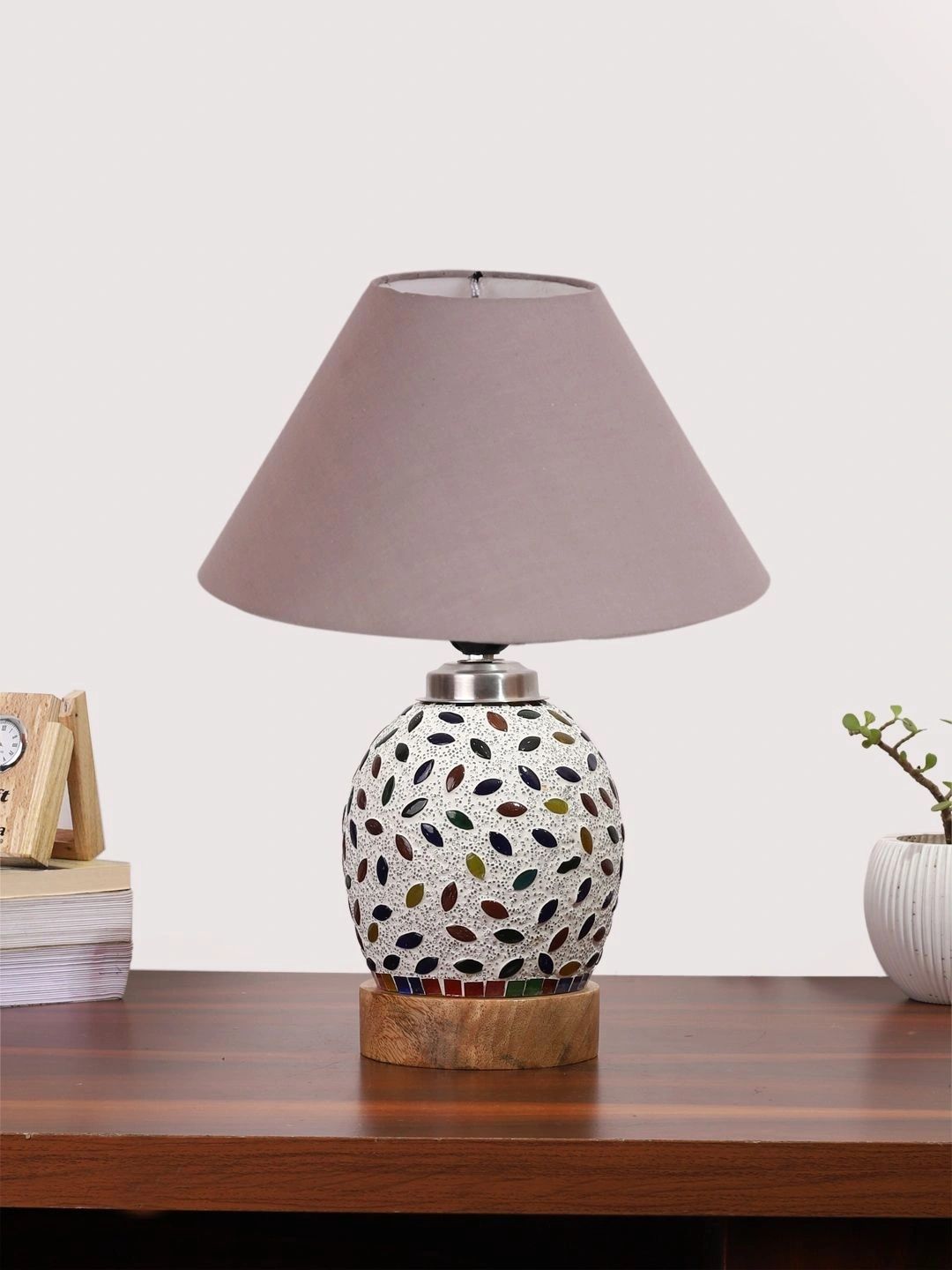 Myntra Elegant Homes Grey Textured Glass Traditional Bell Shaped Table Lamp-picture-33