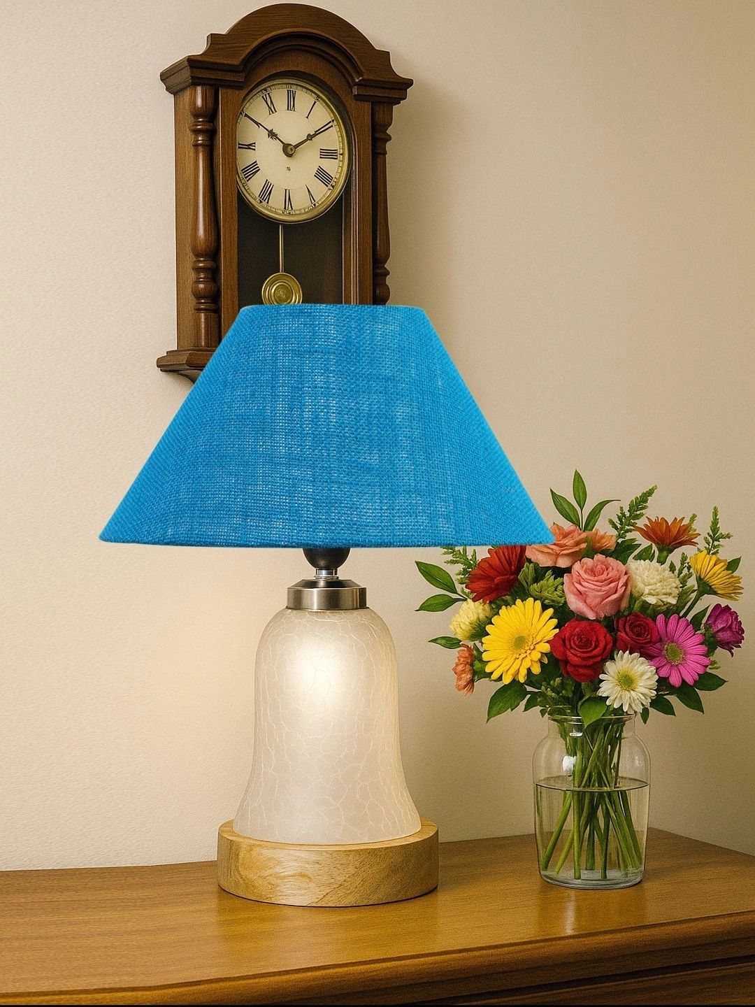 Myntra Elegant Homes Turquoise Blue Textured Glass Traditional Frusturical Shaped Table Lamp-picture-19