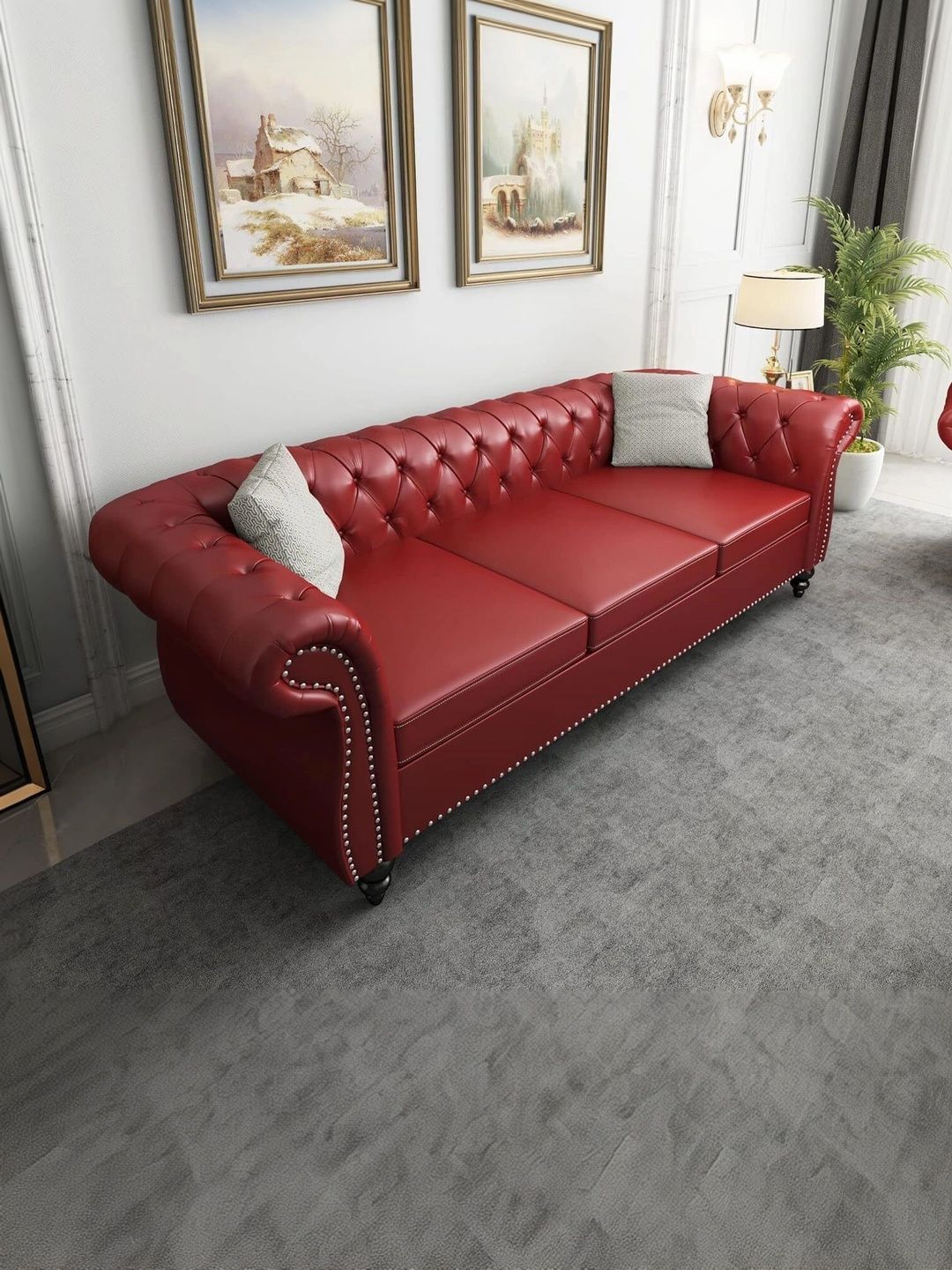 INDIAWOODMART Red Fabric Wooden 3-Seater Sofa-picture-26