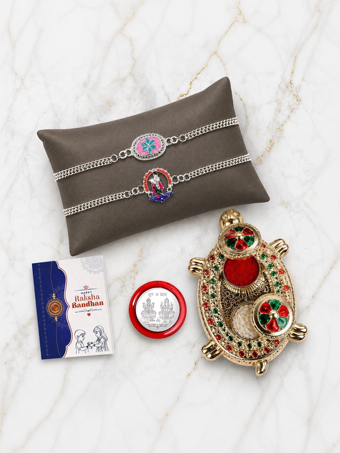 Myntra Elegant Homes Set of 7 Rakhi Gift Set With Silver Coin, Greeting Card & Roli Chawal-picture-52
