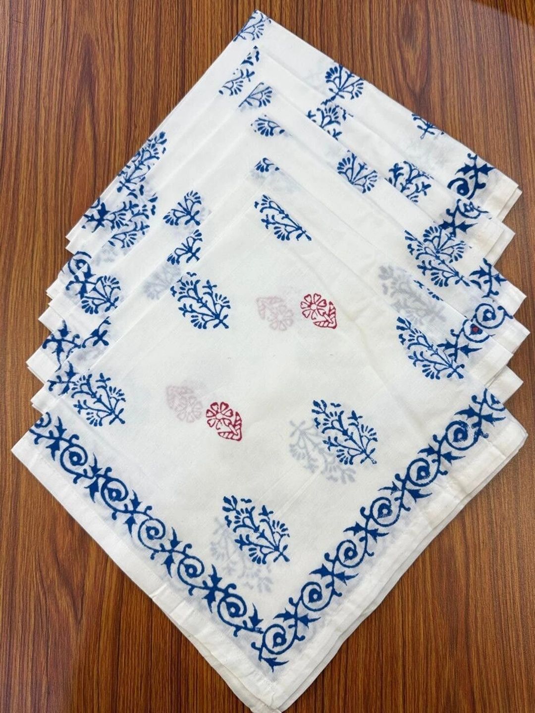 UTSAV CRAFTS White & Blue 4-Pcs Hand Block Printed Table Napkins-picture-58