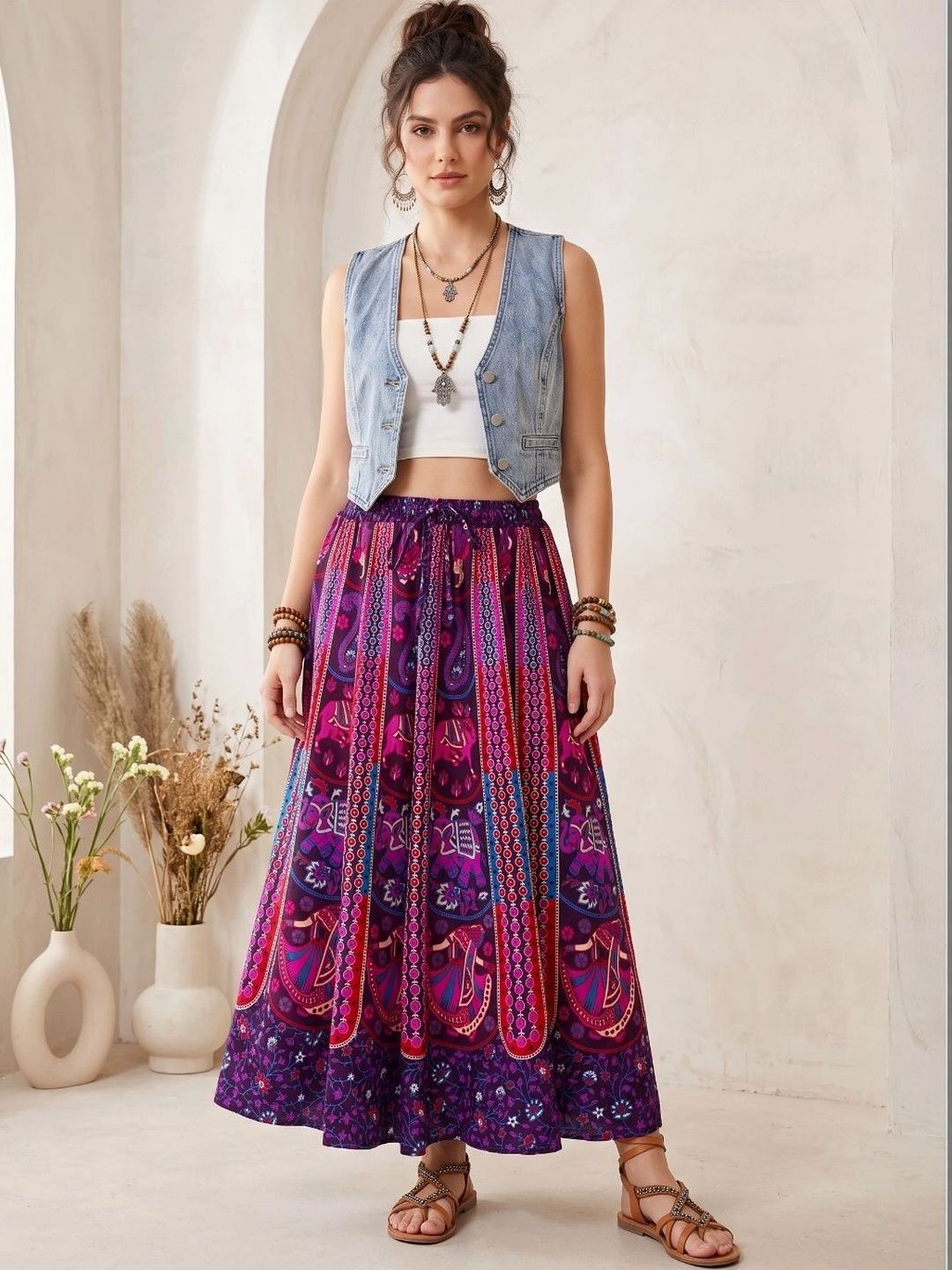 Boholyfe Women Pure Cotton Colourblocked Bohemian Maxi Flared Skirt-picture-15