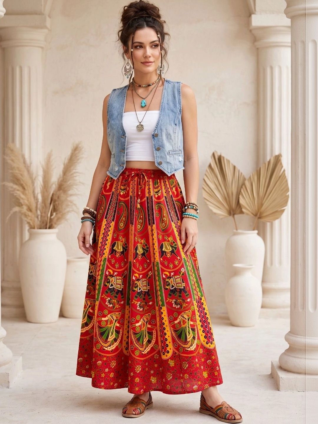 Boholyfe Women Pure Cotton Colourblocked Bohemian Maxi A-Line Skirt-picture-5
