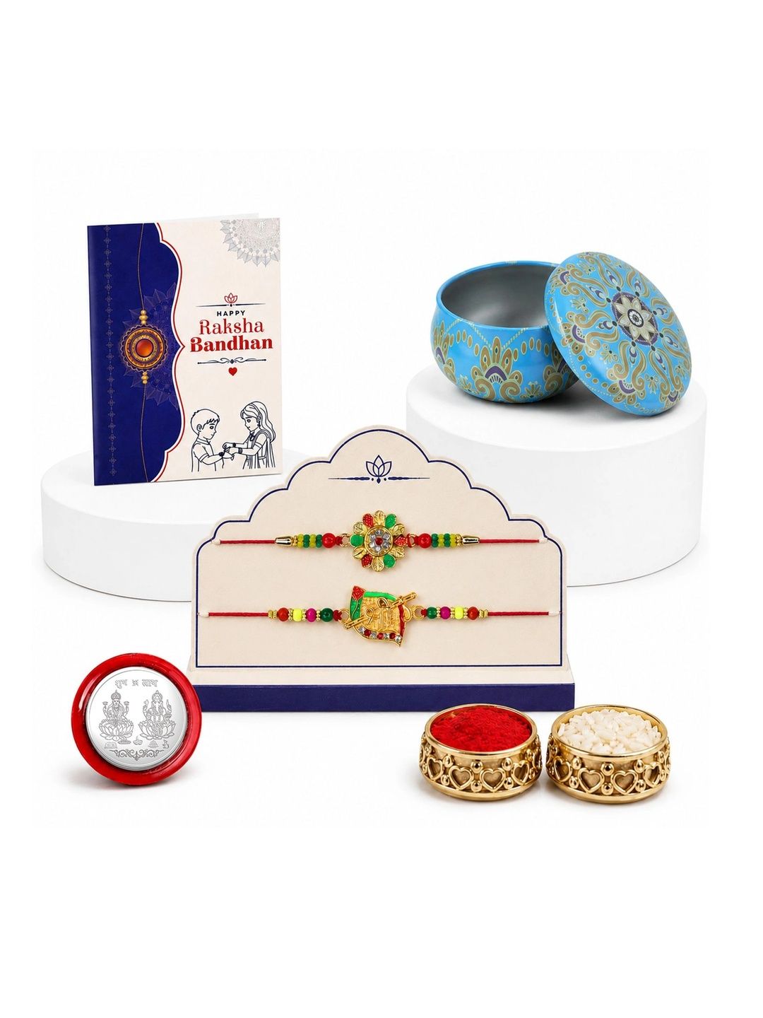 Myntra Elegant Homes Set of 7 Rakhi Gift Set With Silver Coin, Greeting Card & Roli Chawal-picture-41