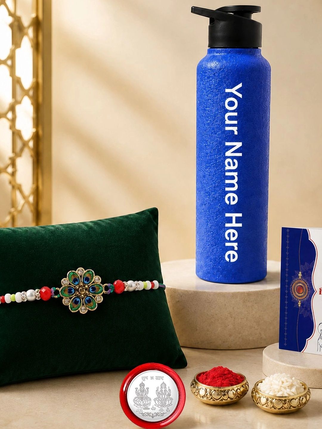 Myntra Elegant Homes Rakhi With Greeting Card Water Bottle Silver Coin & Roli Chawal-picture-23