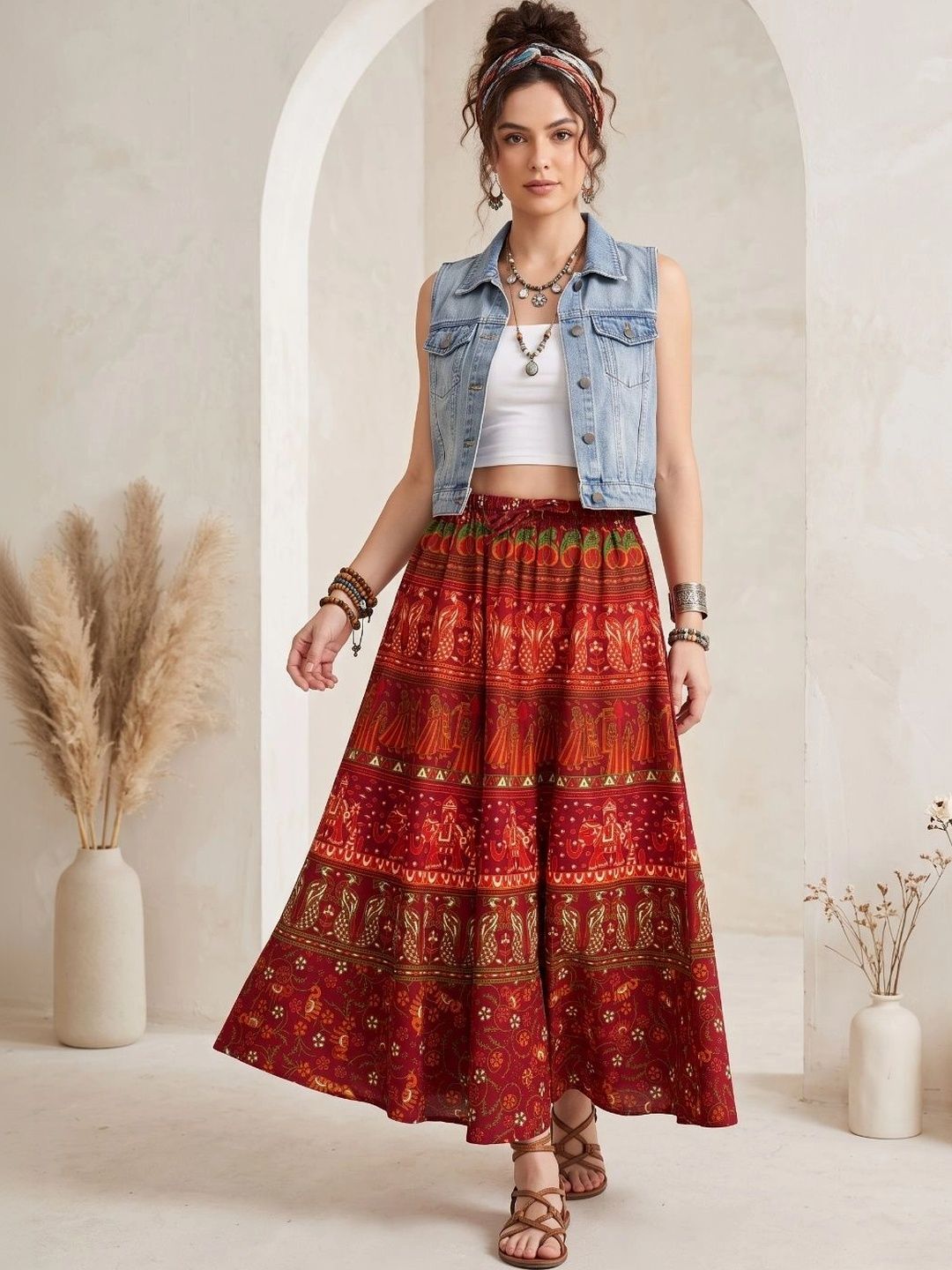 Boholyfe Women Pure Cotton Colourblocked Bohemian Maxi Flared Skirt-picture-13