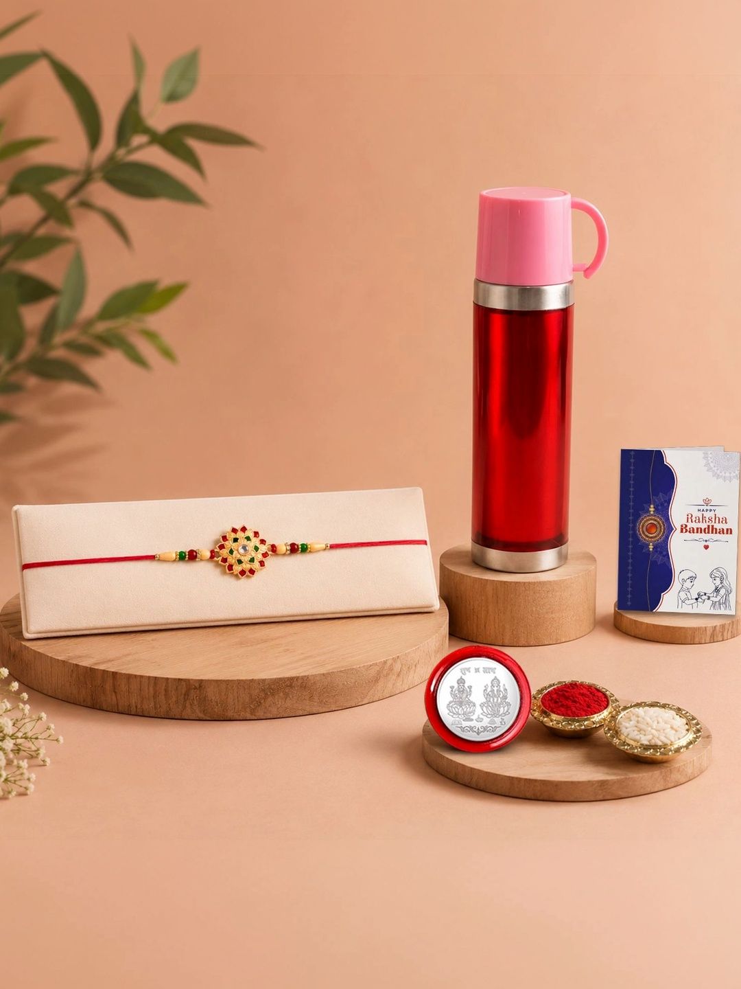 Myntra Elegant Homes Set of 1 Rakhi with Silver Coin Water Bottle-500 ml & Roli Chawal-image-42