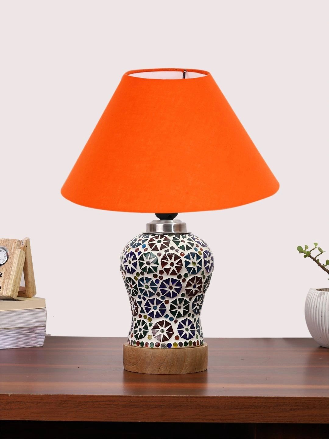 Myntra Elegant Homes Orange Textured Glass Traditional Frusturical Shaped Table Lamp-picture-20