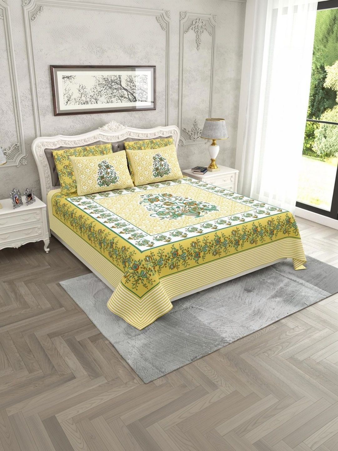 SWITCHON Yellow & White Ethnic Motifs 300 TC Bedsheet with 2 Pillow Covers-picture-19