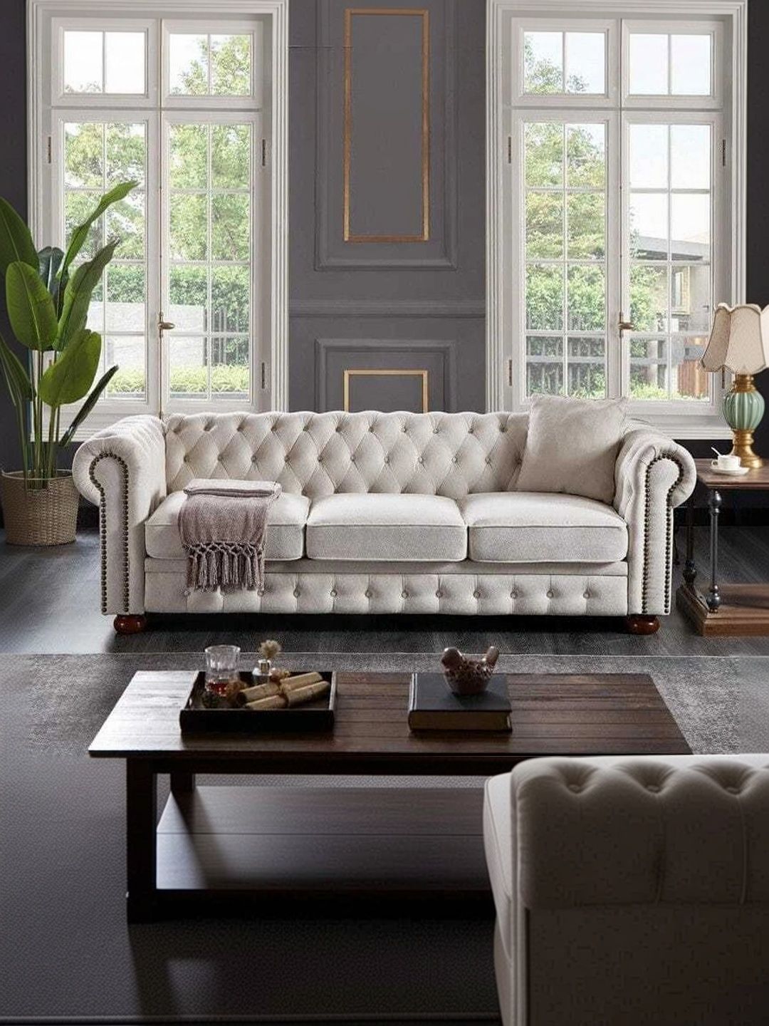 INDIAWOODMART Beige Fabric Wooden 3-Seater Sofa-picture-21