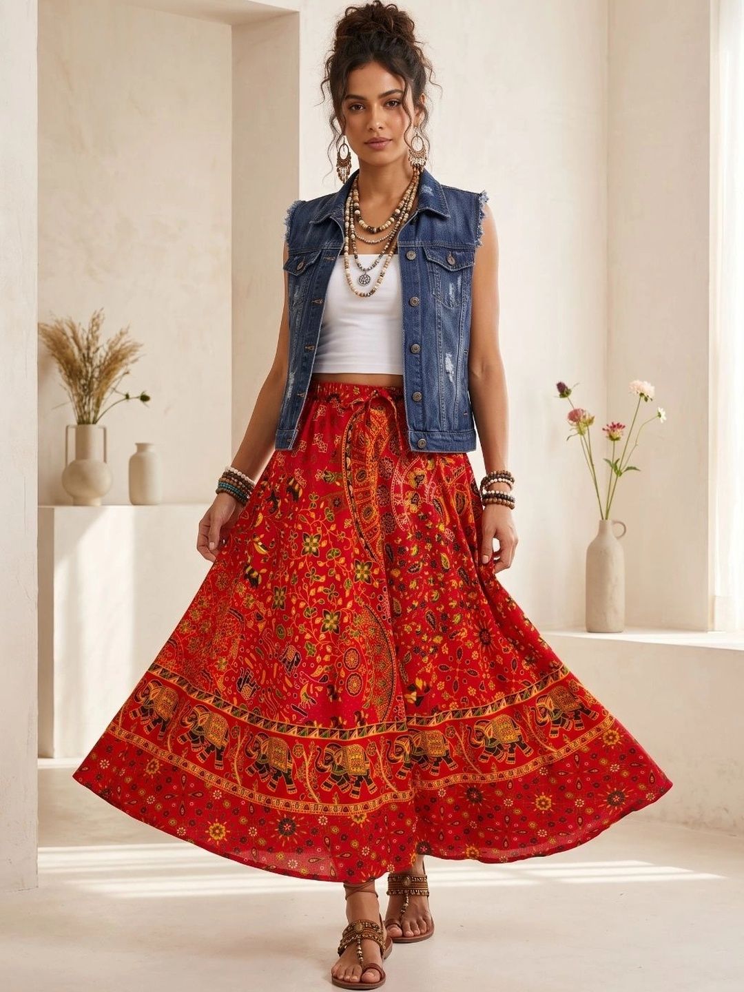 Boholyfe Women Pure Cotton Colourblocked Bohemian Maxi Flared Skirt-picture-12