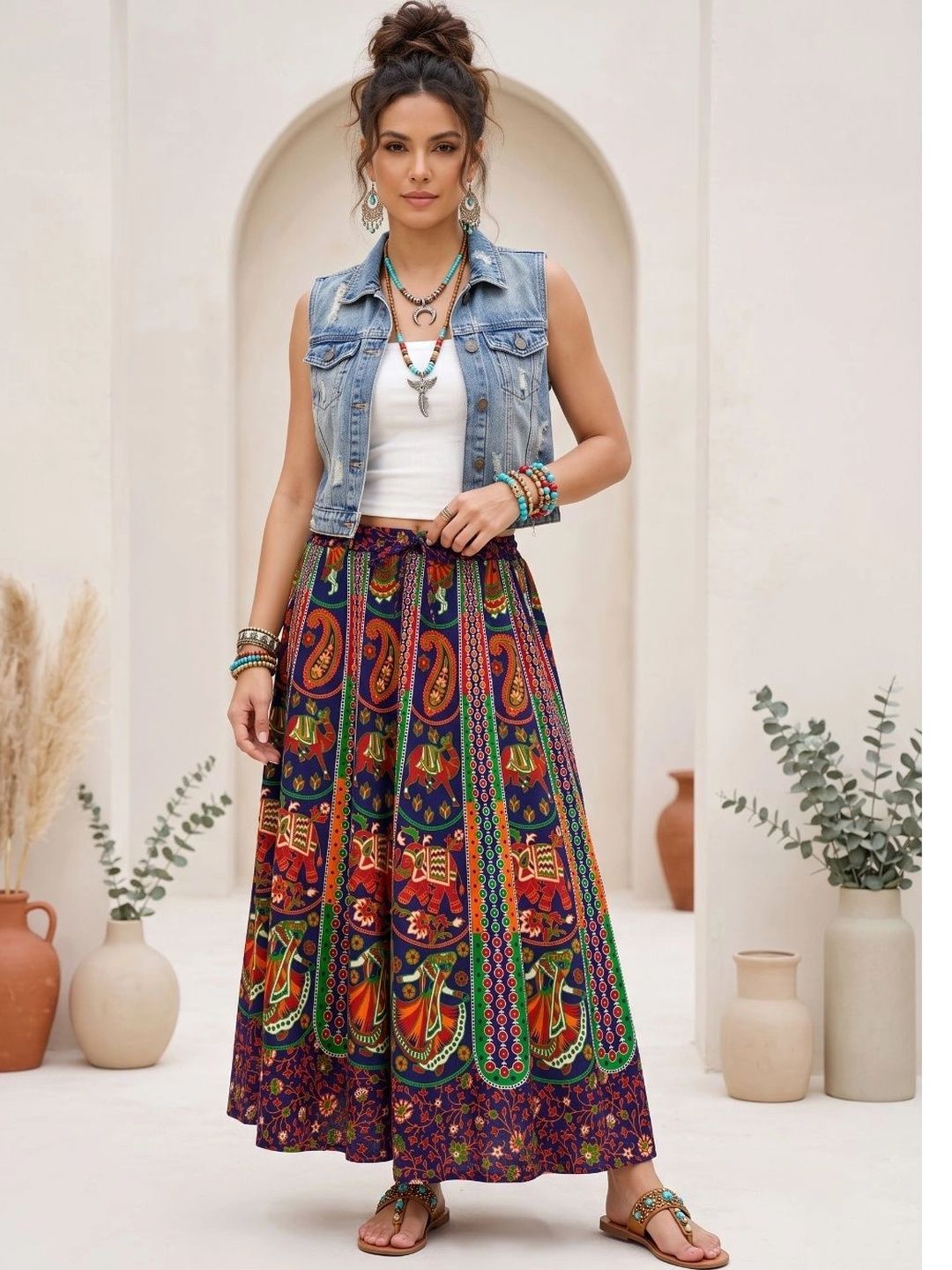 Boholyfe Women Pure Cotton Colourblocked Bohemian Maxi Flared Skirt-picture-10