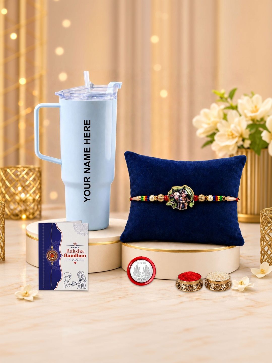 Myntra Elegant Homes Rakhi With Greeting Card Water Bottle Silver Coin & Roli Chawal-picture-12