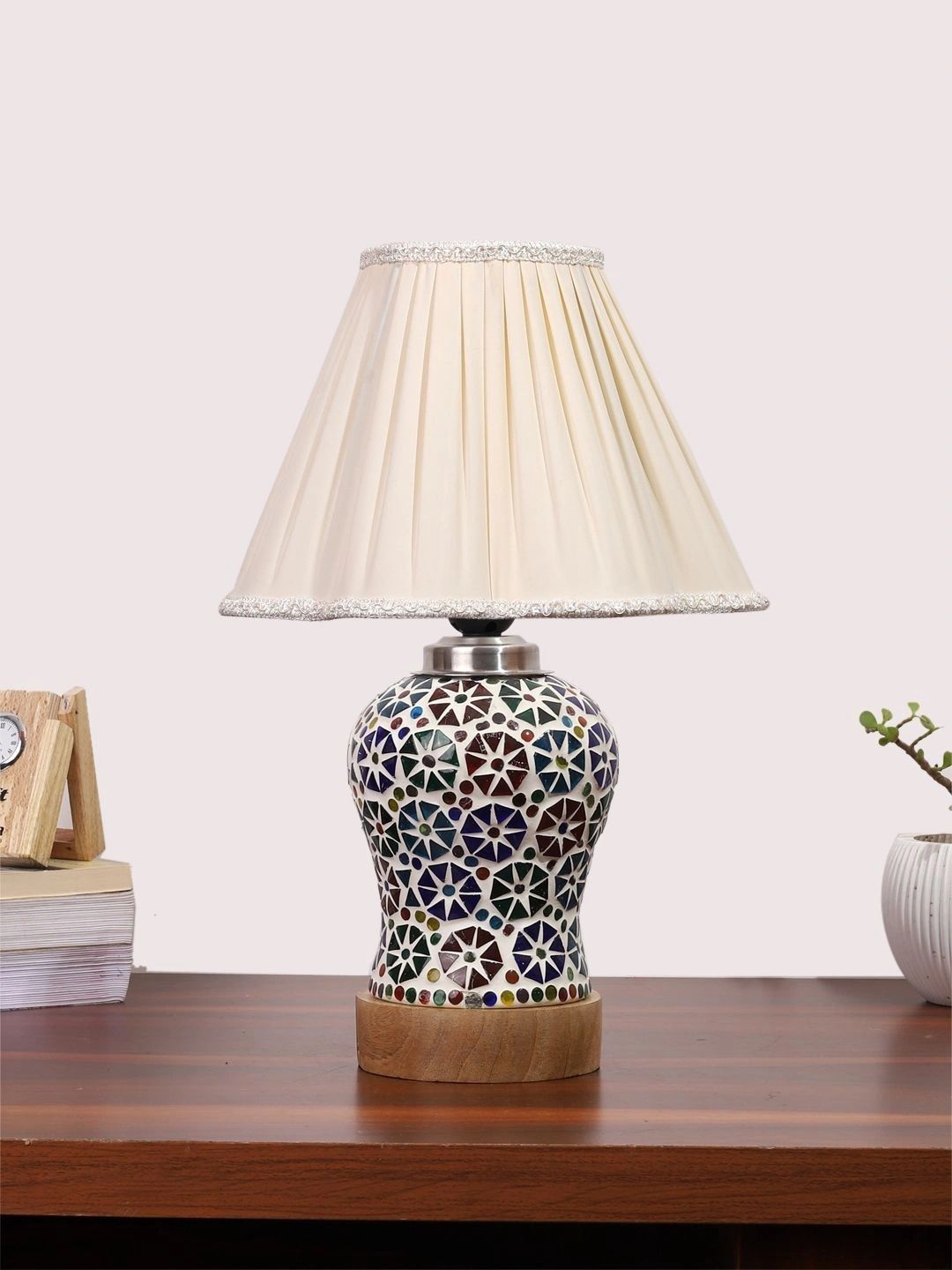 Myntra Elegant Homes Off White Textured Glass Traditional Frusturical Shaped Table Lamp-picture-49