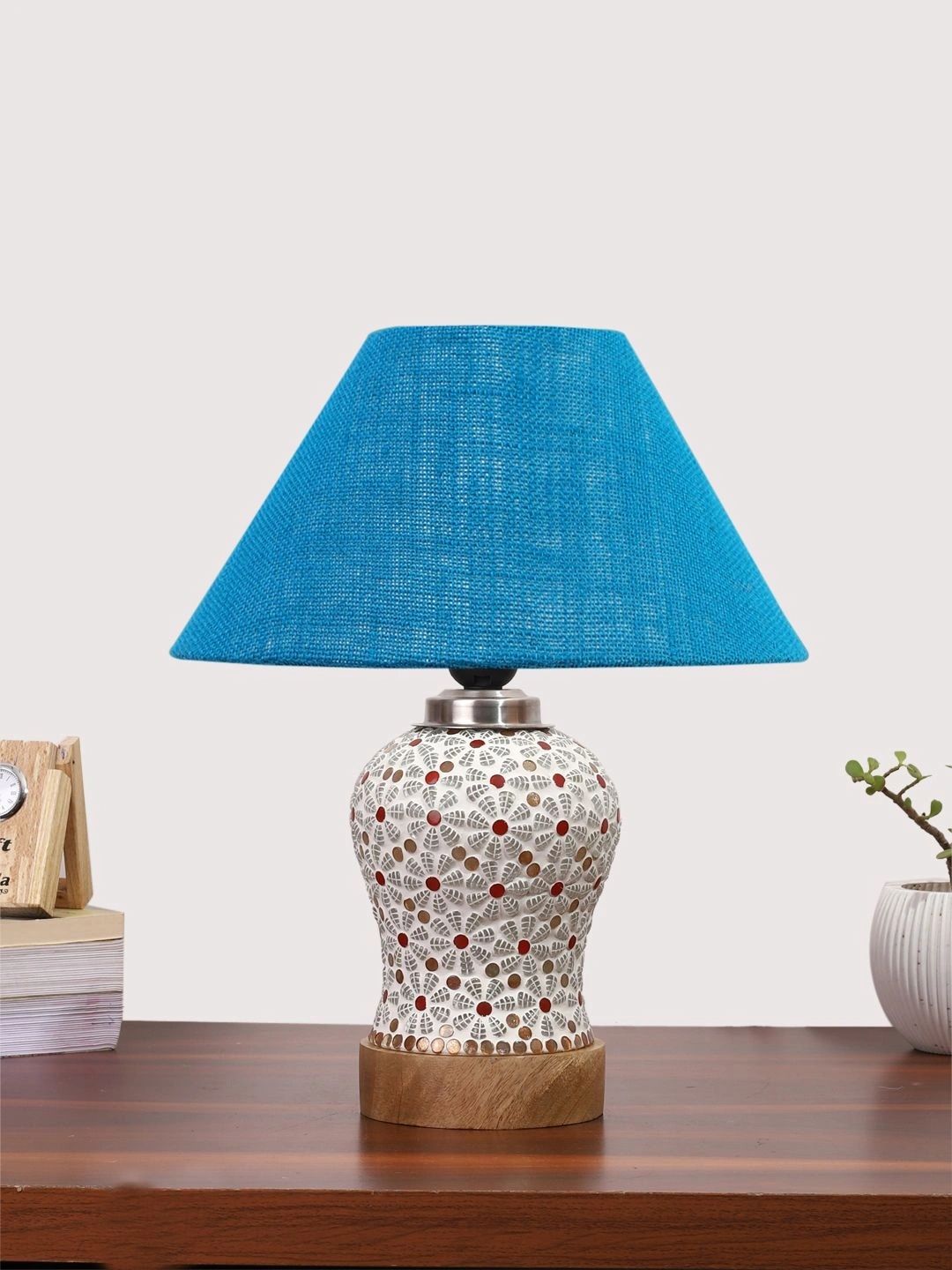 Myntra Elegant Homes Turquoise Blue Textured Glass Traditional Frusturical Shaped Table Lamp-picture-22