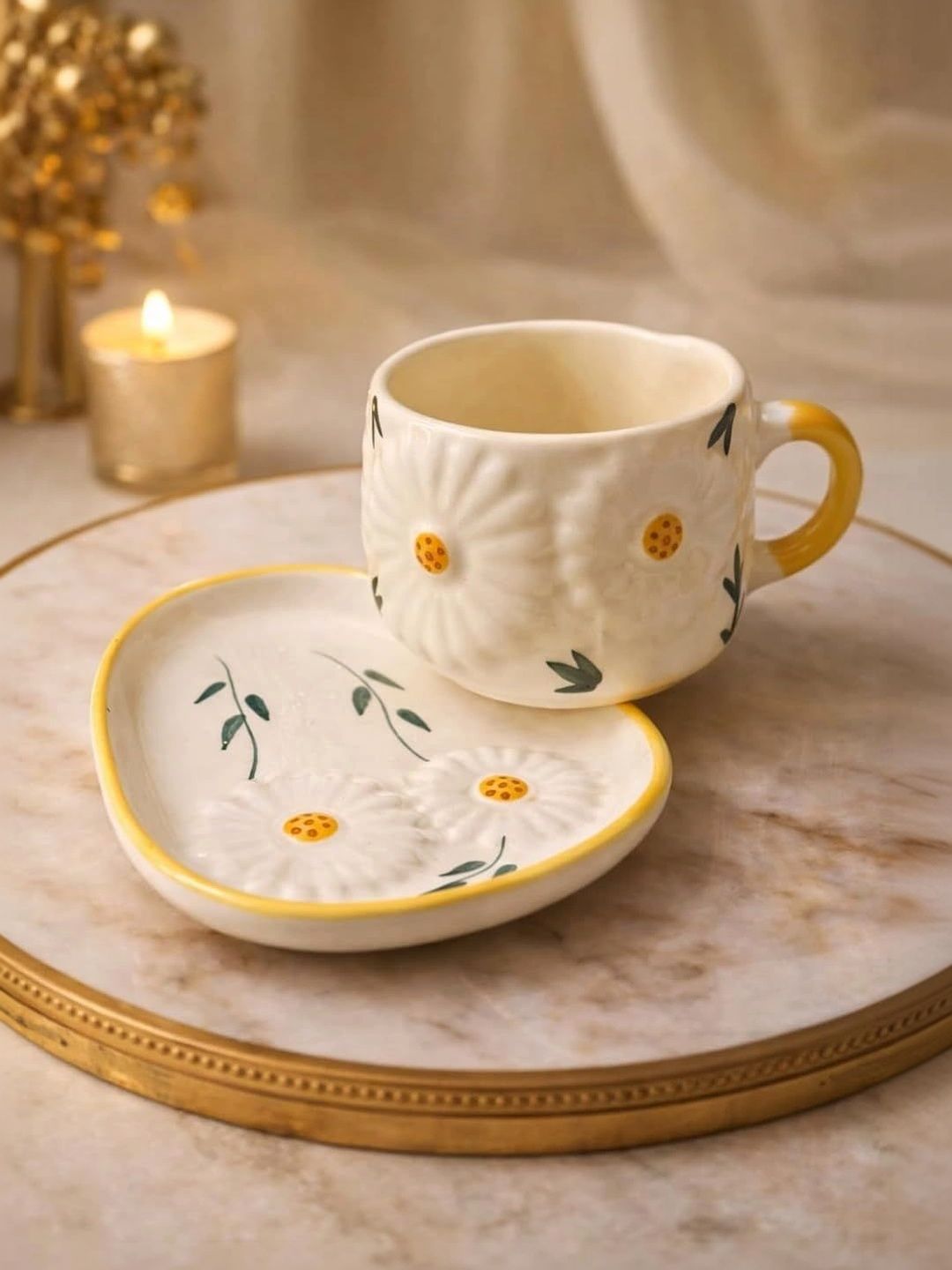 Manifested Decor Yellow Handcrafted and Hand Painted Printed Ceramic Glossy Cups Set of Cups and Mugs-picture-5