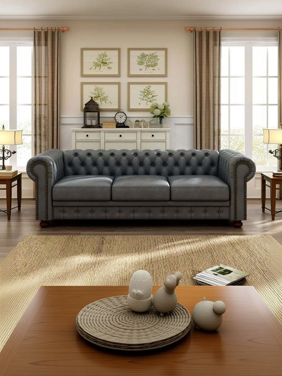 INDIAWOODMART Grey Fabric Wooden 3-Seater Sofa-picture-44