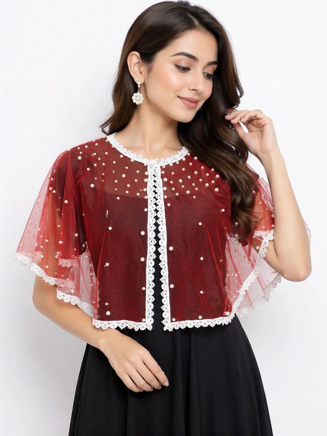 RABBA Embellished Cape Sleeve Net Cape Crop Top-picture-44