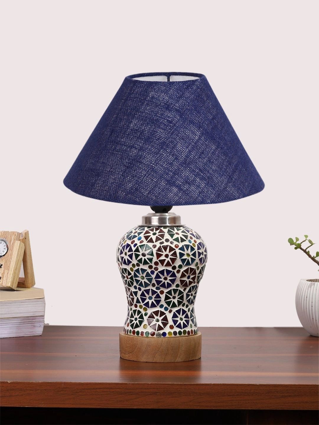 Myntra Elegant Homes Blue Textured Glass Traditional Frusturical Shaped Table Lamp-picture-36