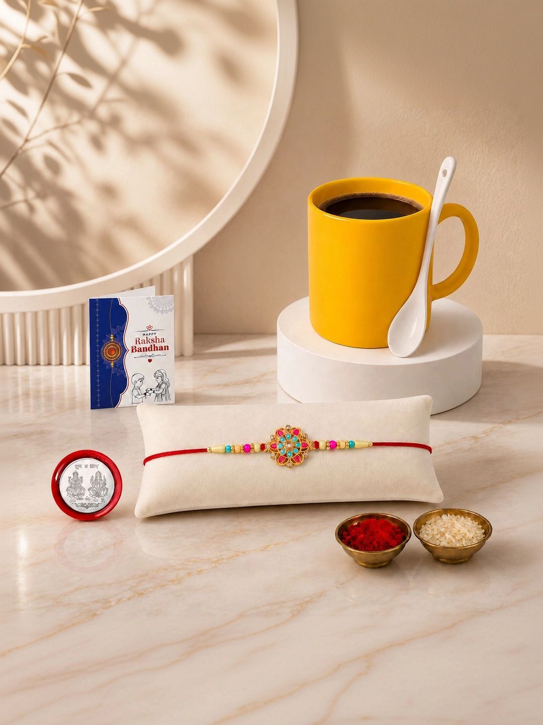 Myntra Elegant Homes Set of 6 Rakhi Gift Set With Silver Coin, Greeting Card & Roli Chawal-image-48