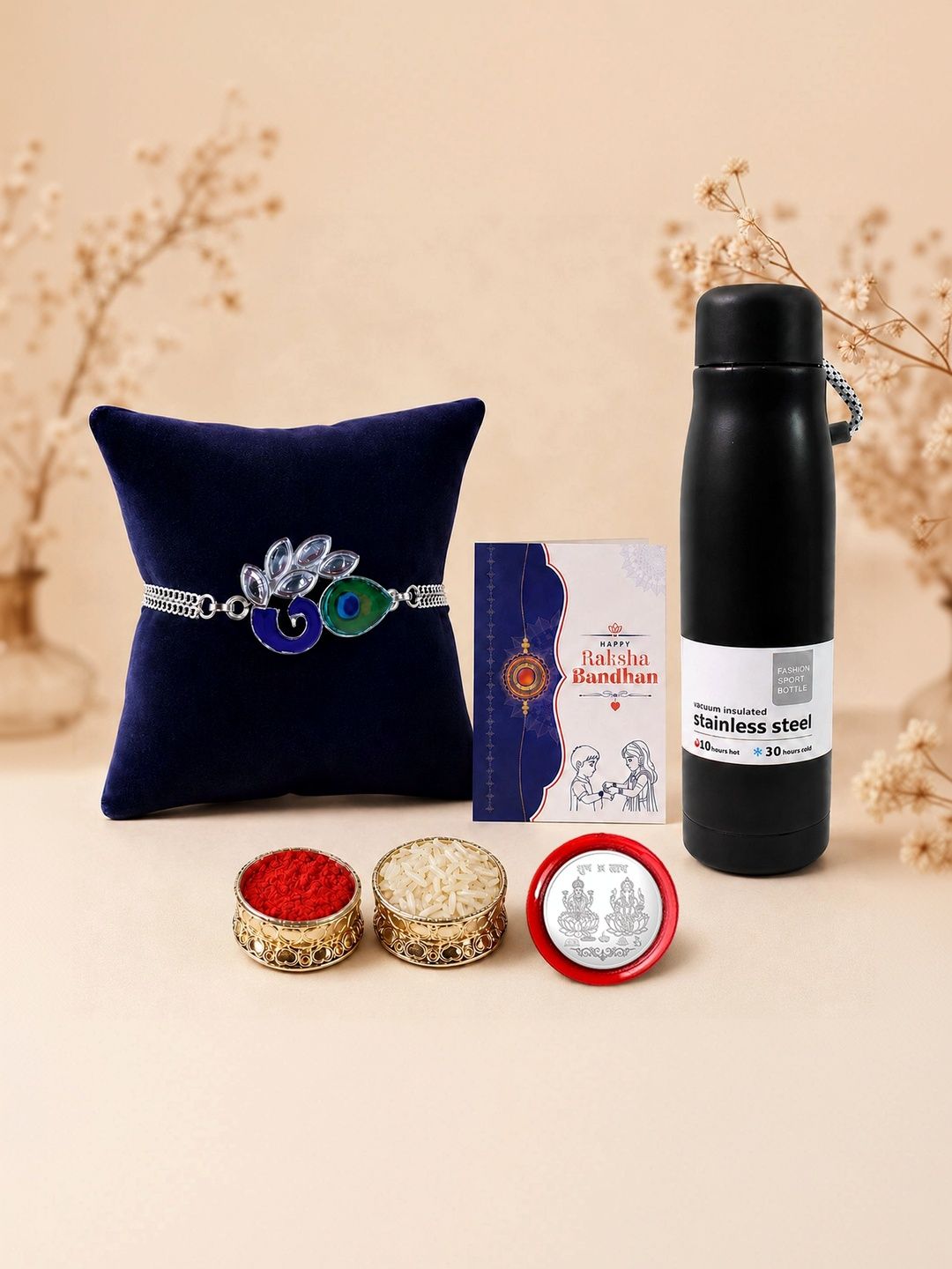 Myntra Elegant Homes Rakhi With Greeting Card Water Bottle Silver Coin & Roli Chawal-picture-15