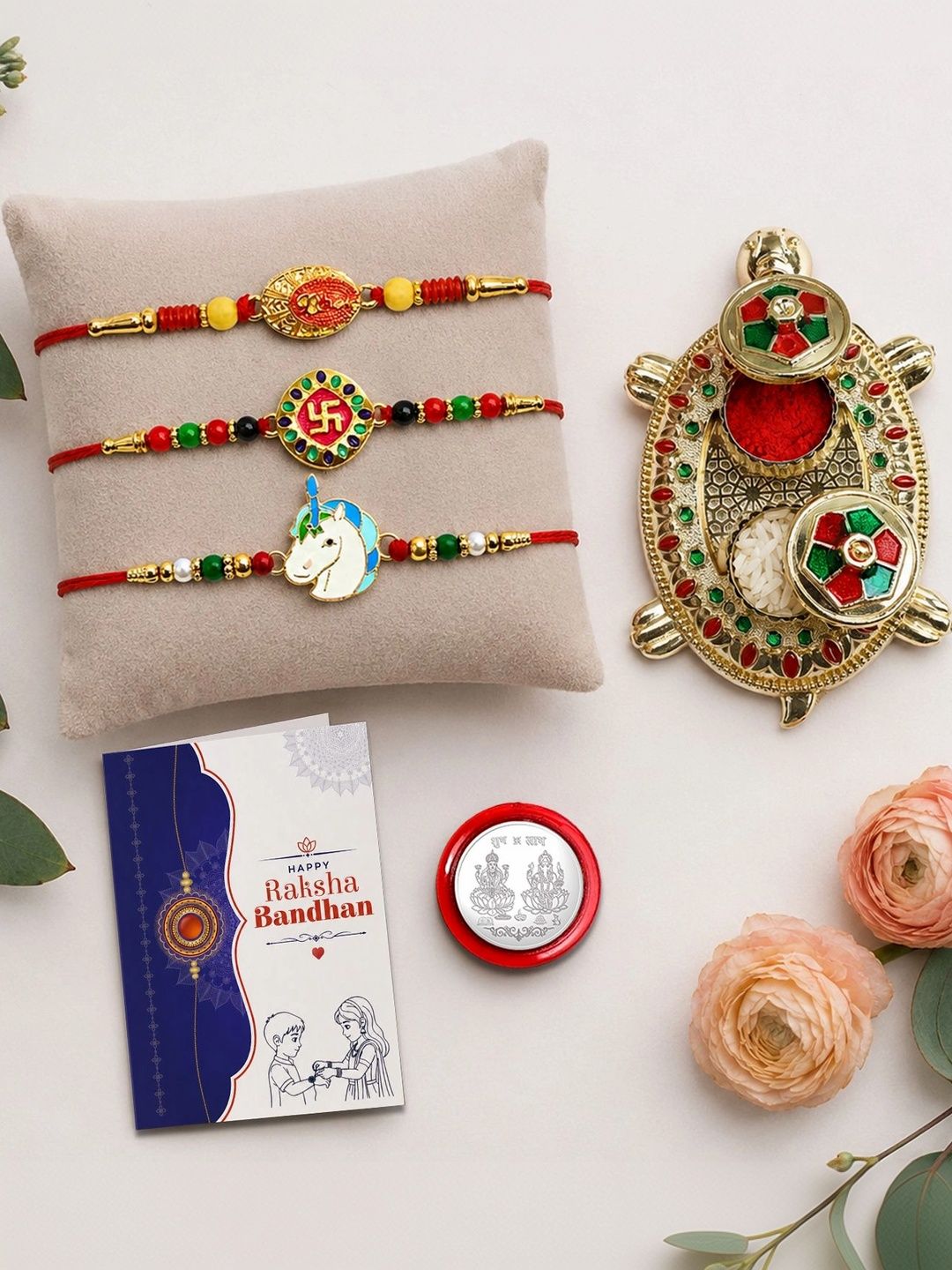 Myntra Elegant Homes Set of 8 Rakhi Gift Set With Silver Coin, Greeting Card & Roli Chawal-picture-10