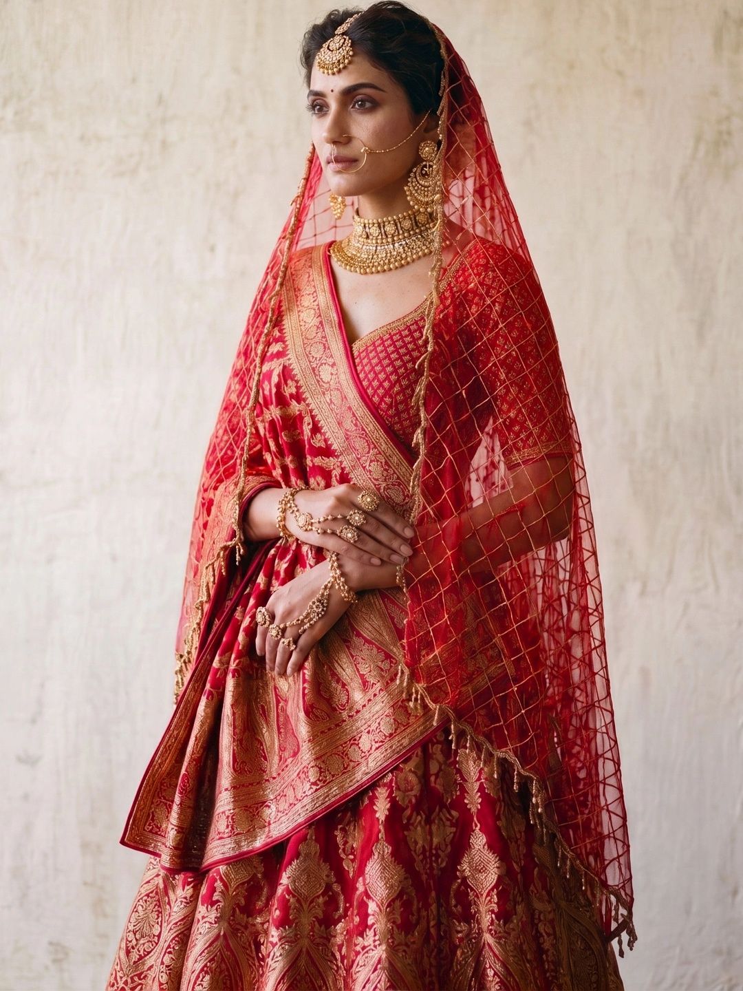 Memsahib Red & Gold Net Bridal Veil with Cutdana Embroidery-picture-24