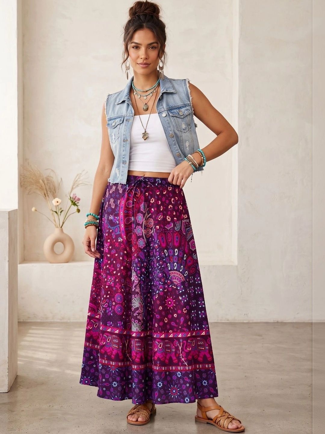 Boholyfe Women Pure Cotton Geometric Bohemian Maxi Flared Skirt-picture-18