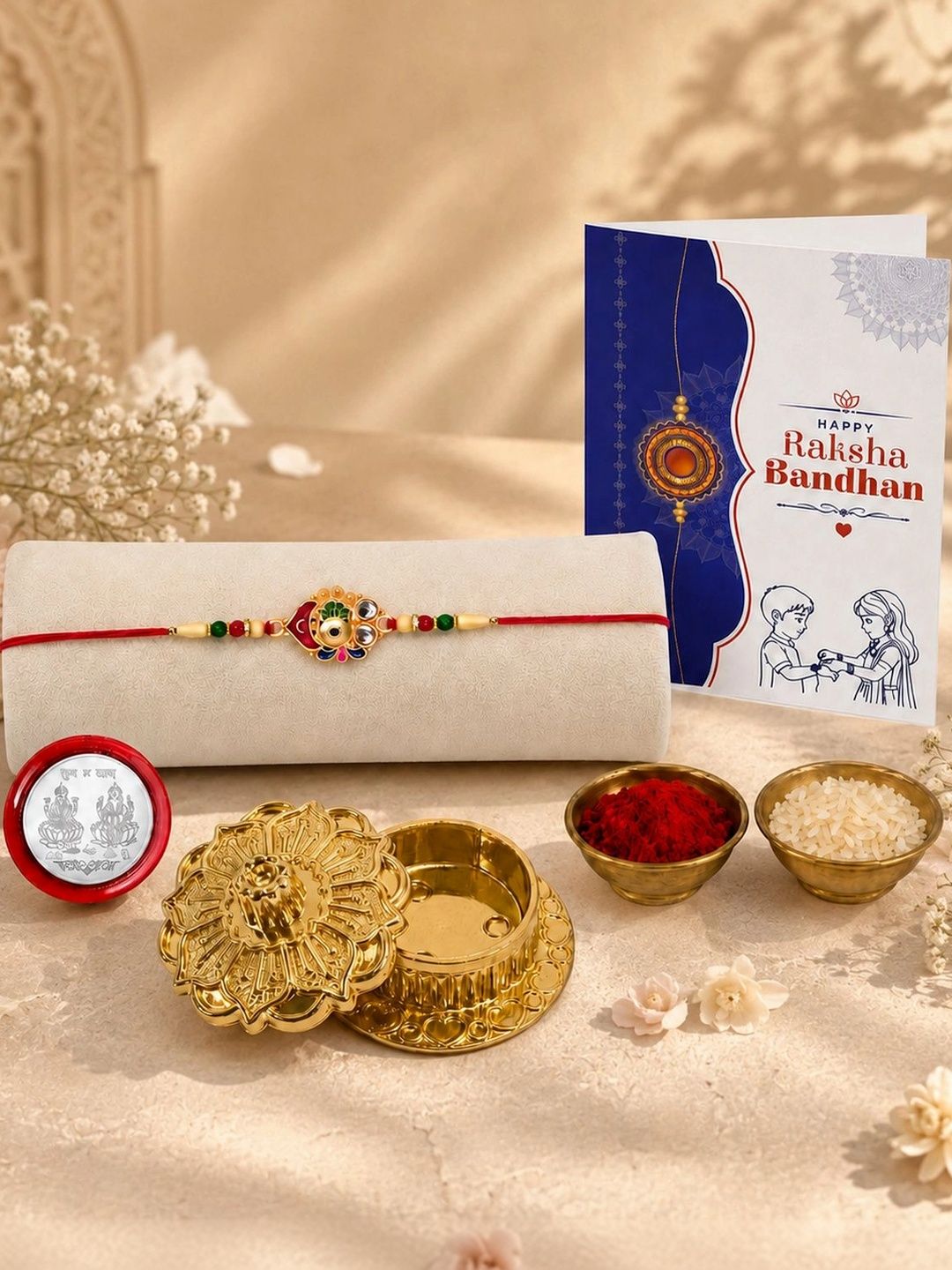 Myntra Elegant Homes Set of 6 Rakhi Gift Set With Silver Coin, Greeting Card & Roli Chawal-picture-53