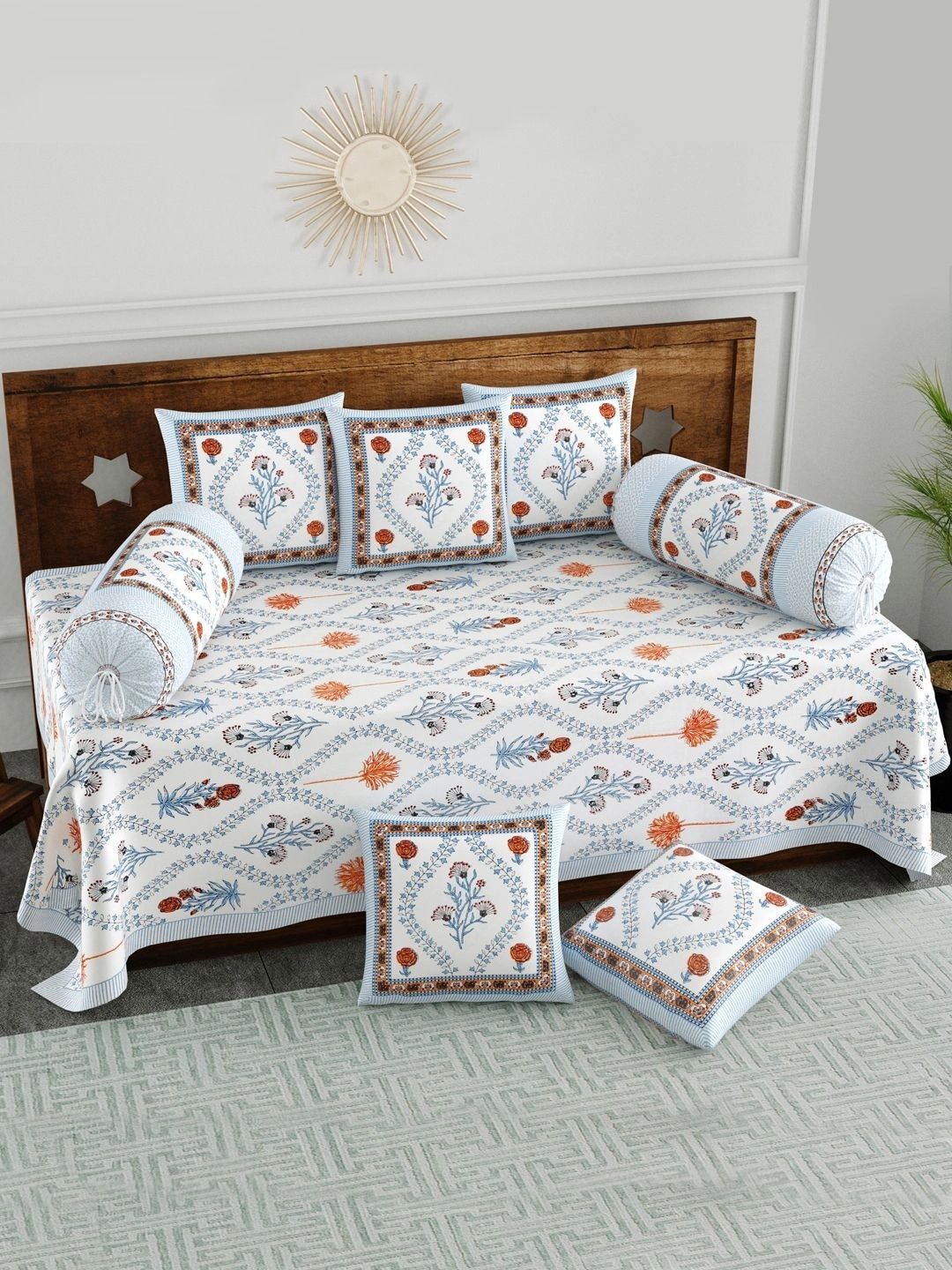 BLOCKS OF INDIA 8 Pieces White Printed Cotton Diwan Set-picture-21