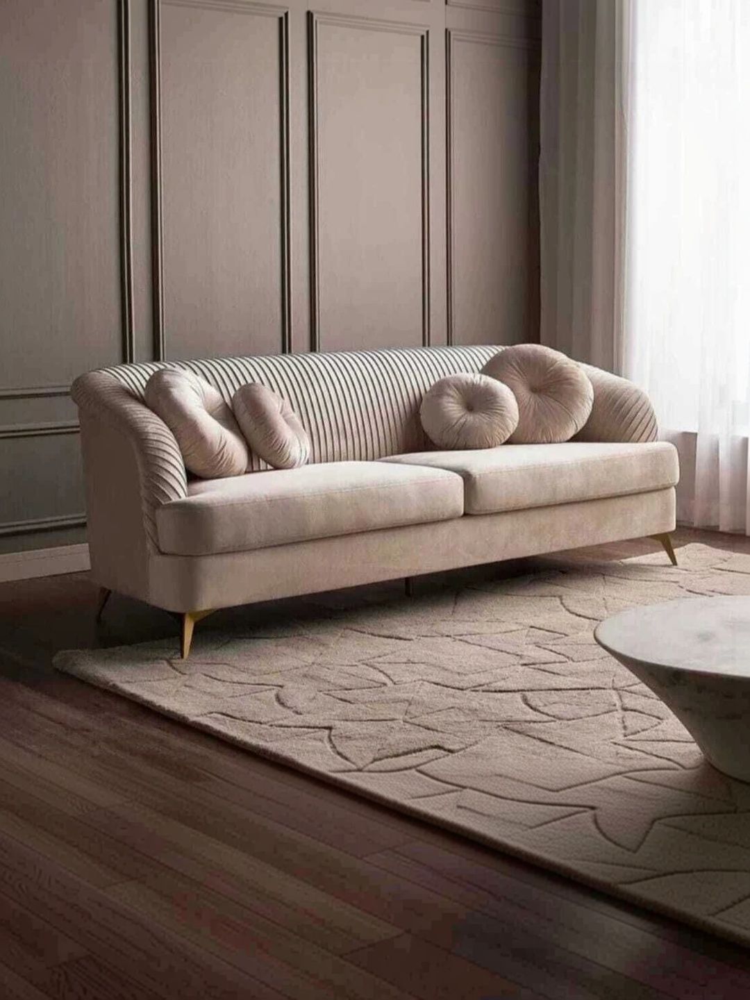 INDIAWOODMART Beige 3-seater Straight Velvet Sofa-picture-11