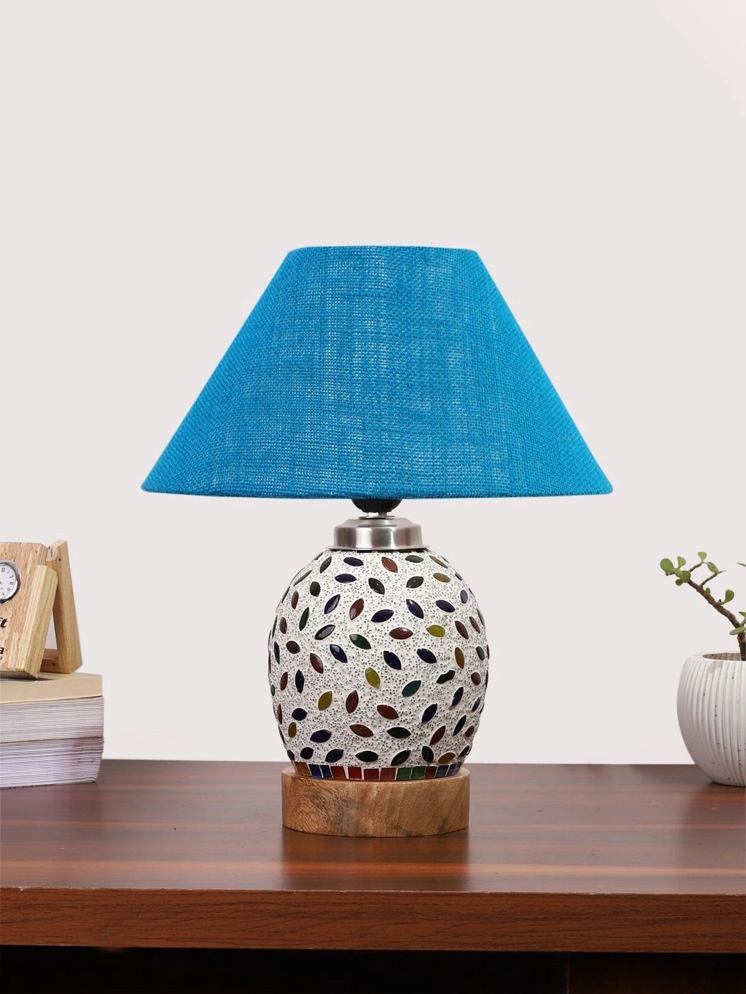 Myntra Elegant Homes Turquoise Blue Textured Glass Traditional Cylindrical Shaped Table Lamp-picture-20