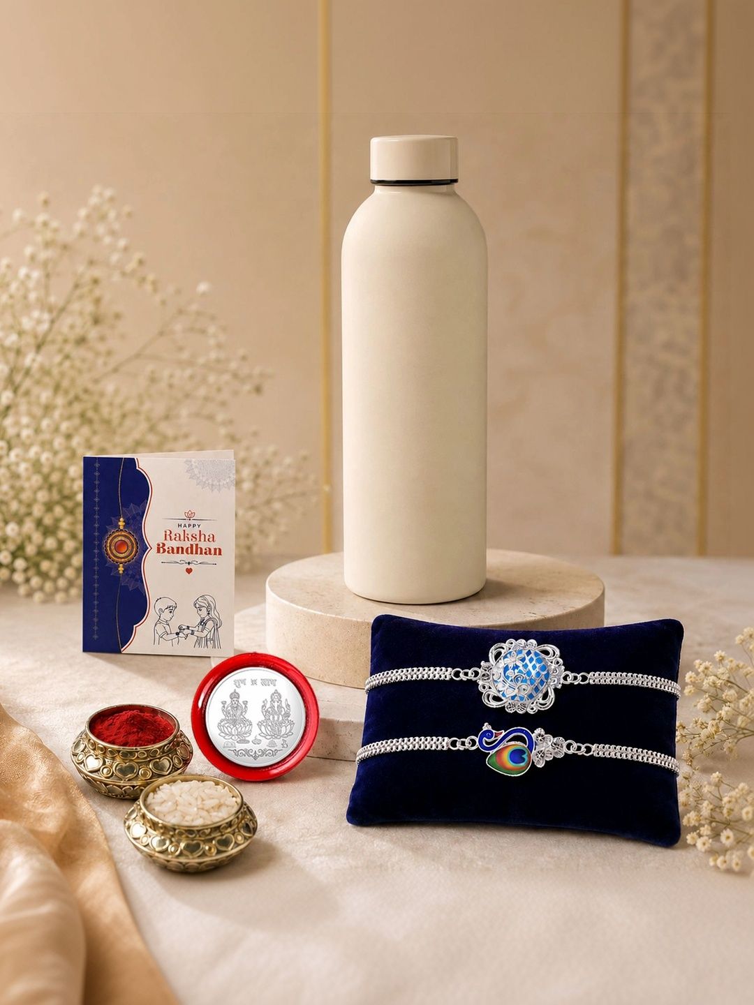 Myntra Elegant Homes 2-Pcs Rakhi With Water Bottle Silver Coin Greeting Card & Roli Chawal-picture-20