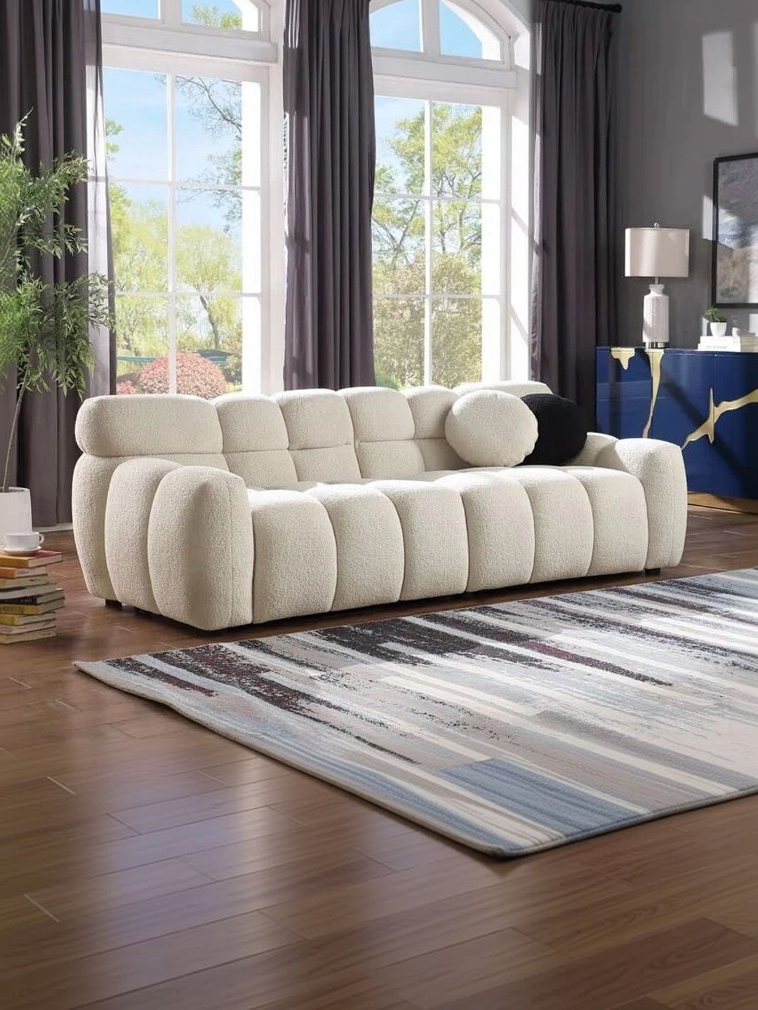 INDIAWOODMART Beige Fabric Wooden 3-Seater Sofa-picture-42