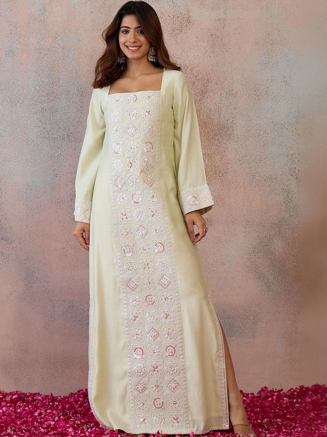 Inddus Embroidered Square Neck Maxi Ethnic Dresses-picture-6
