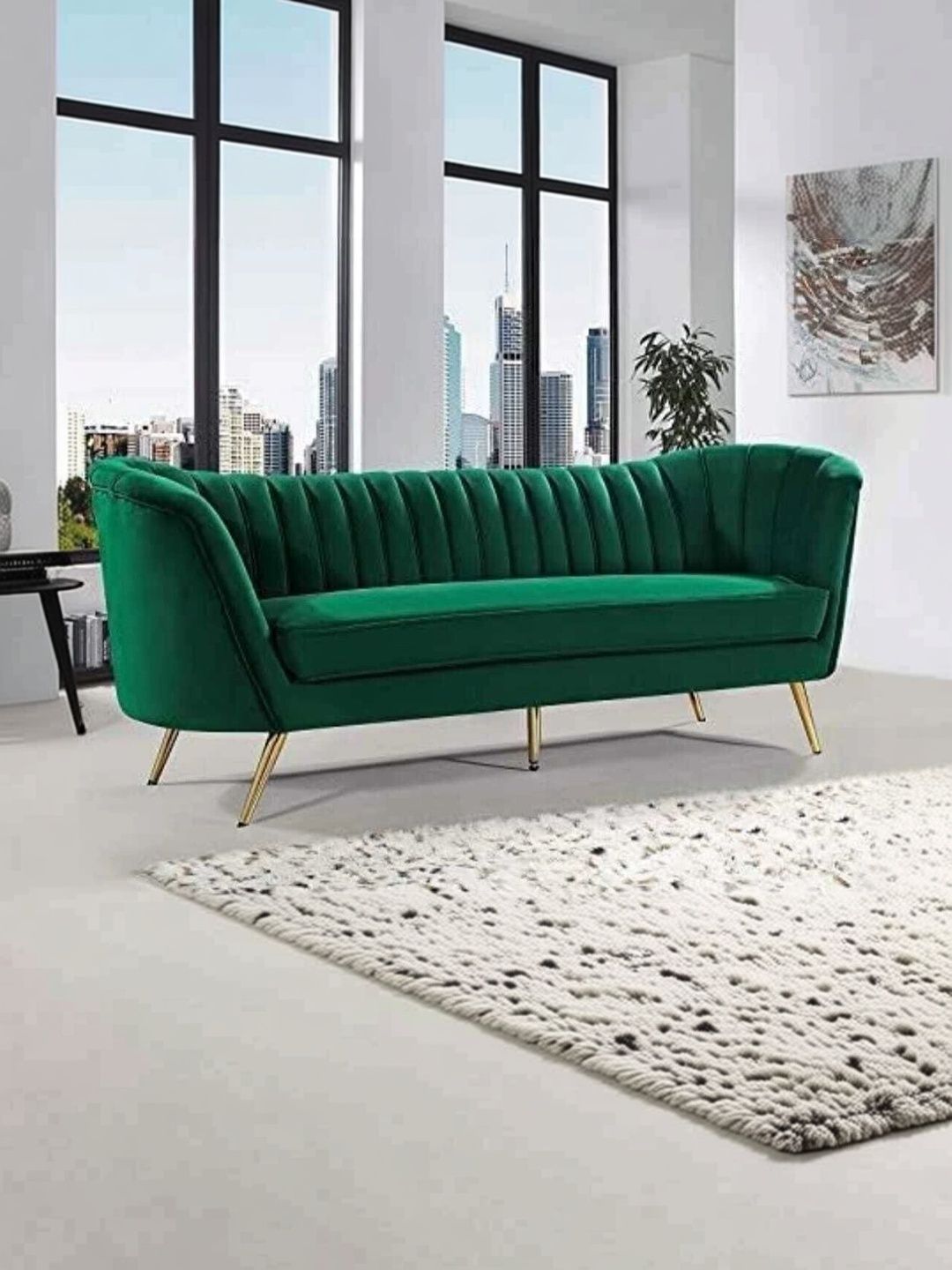 INDIAWOODMART Green Fabric Wooden 3-Seater Sofa-picture-40