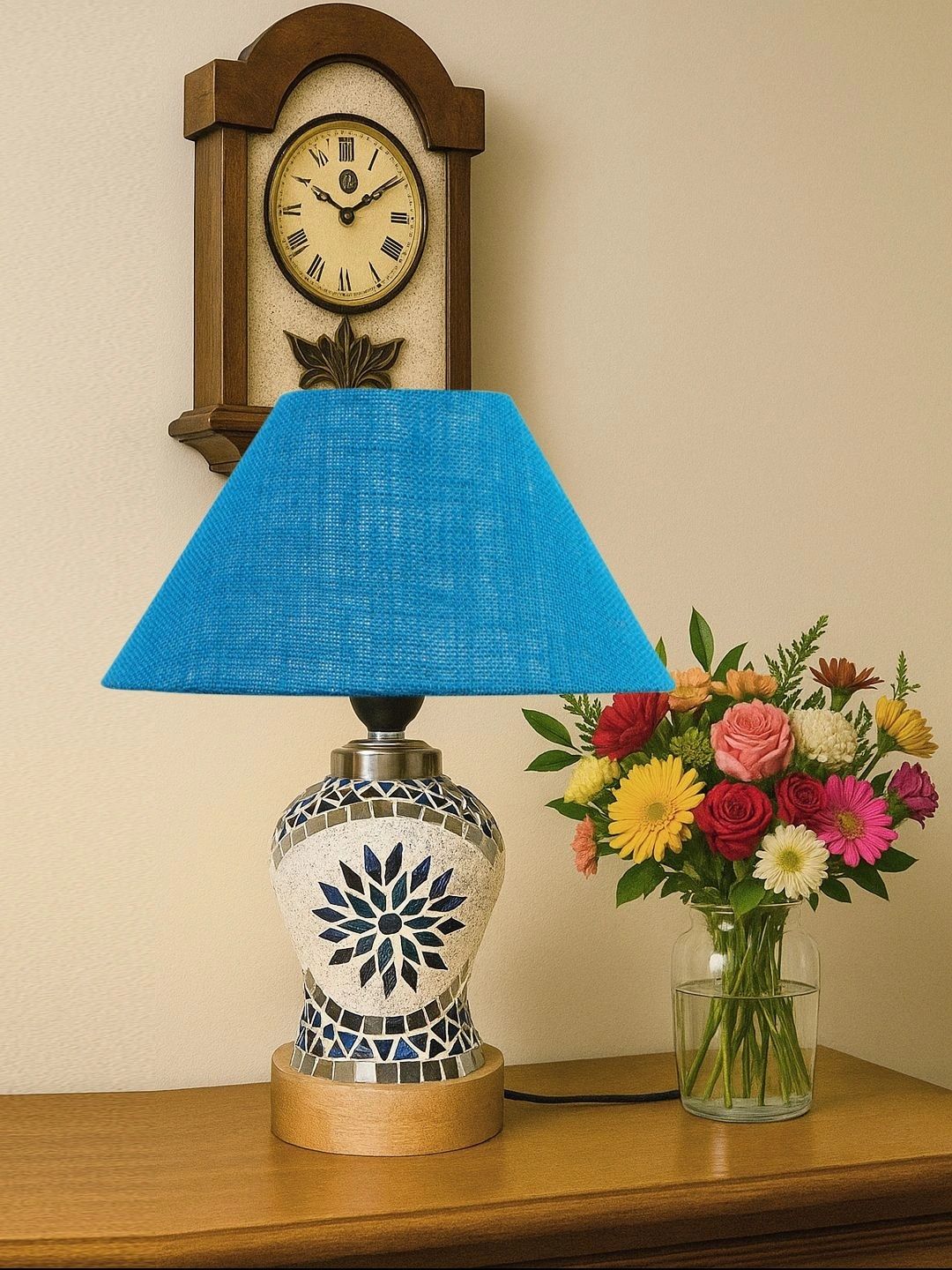 Myntra Elegant Homes Turquoise Blue Textured Glass Traditional Frusturical Shaped Table Lamp-picture-27