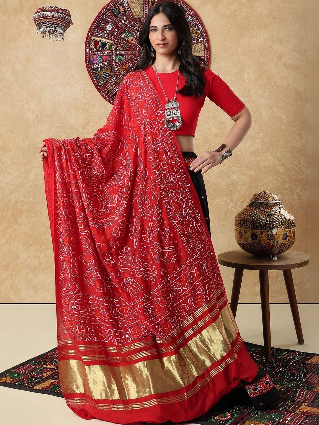 salwar studio ethnic motifs embroidered bandhani dupatta with mirror work